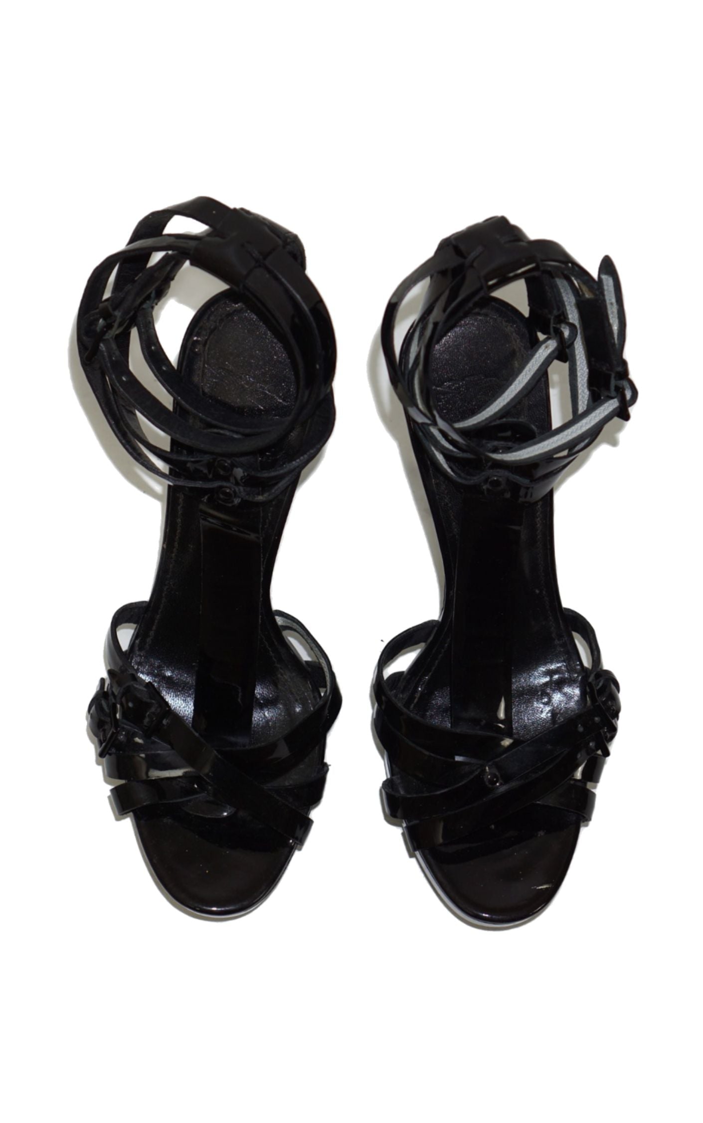 BURBERRY Black Patent Multi Strap Heeled Sandals