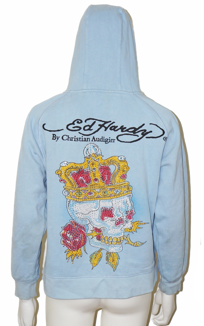 ED HARDY Y2K Blue Skull Logo Rhinestones Hoodie
