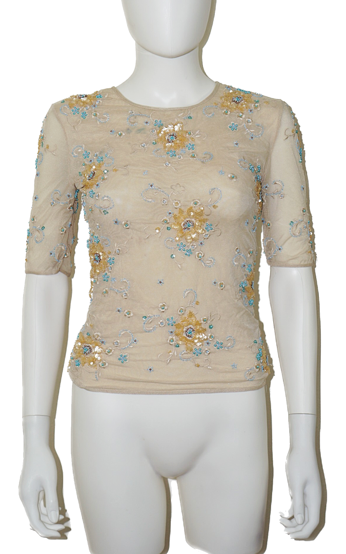 ESCADA Sequin Beaded Floral Ivory Top