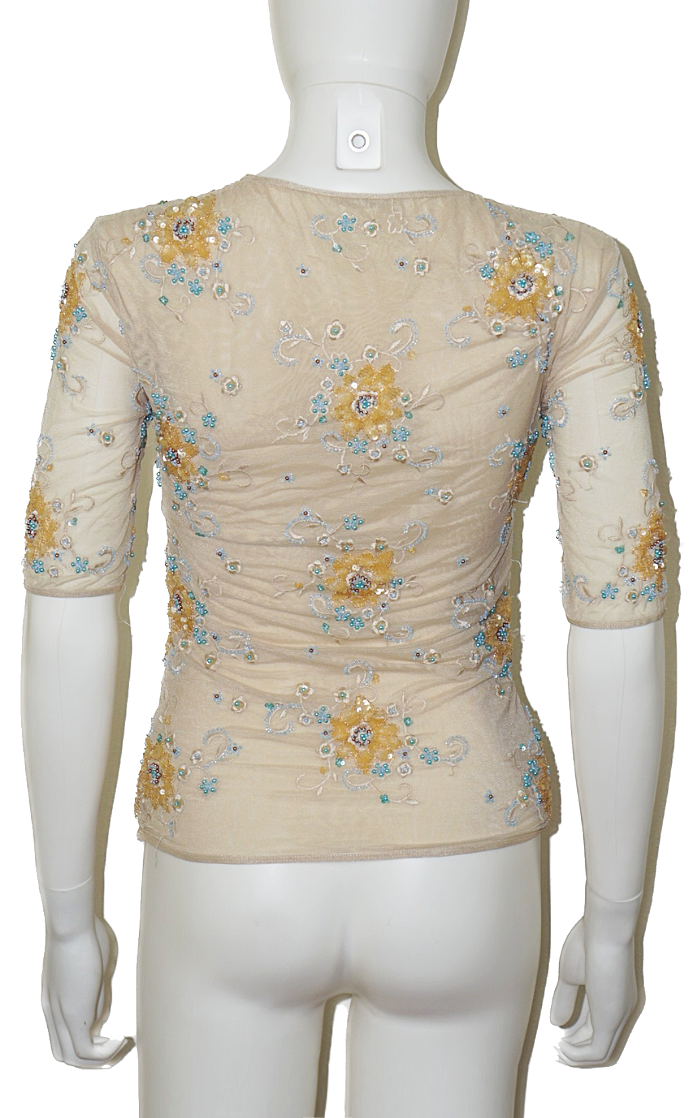 ESCADA Sequin Beaded Floral Ivory Top