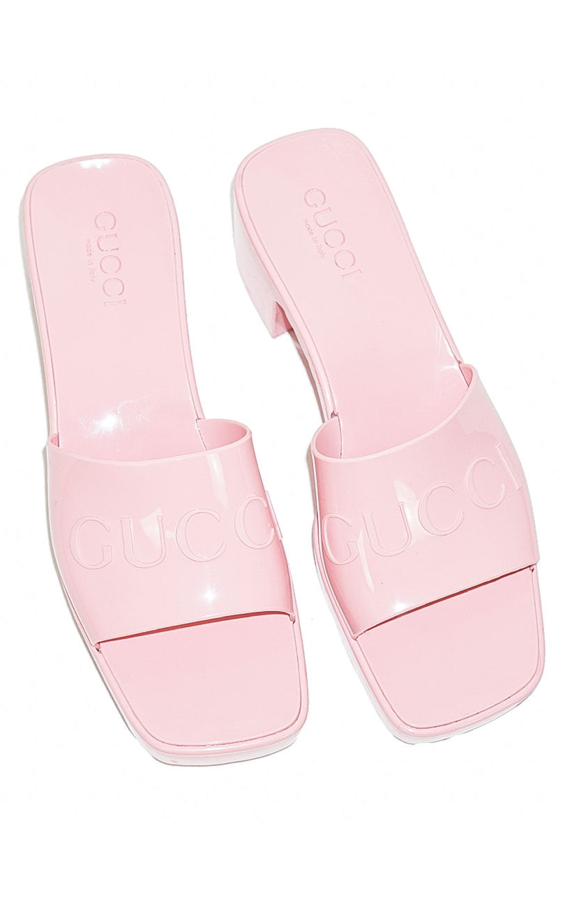 GUCCI Pink Logo Rubber Platform Slide Sandals