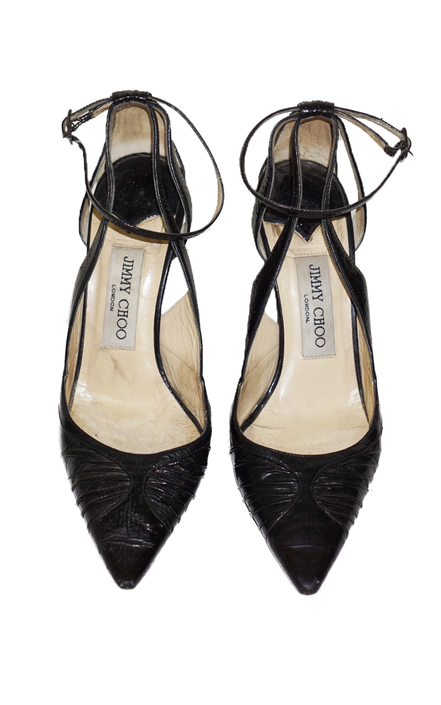 JIMMY CHOO Pointy Stiletto Black Leather Sandals resellum