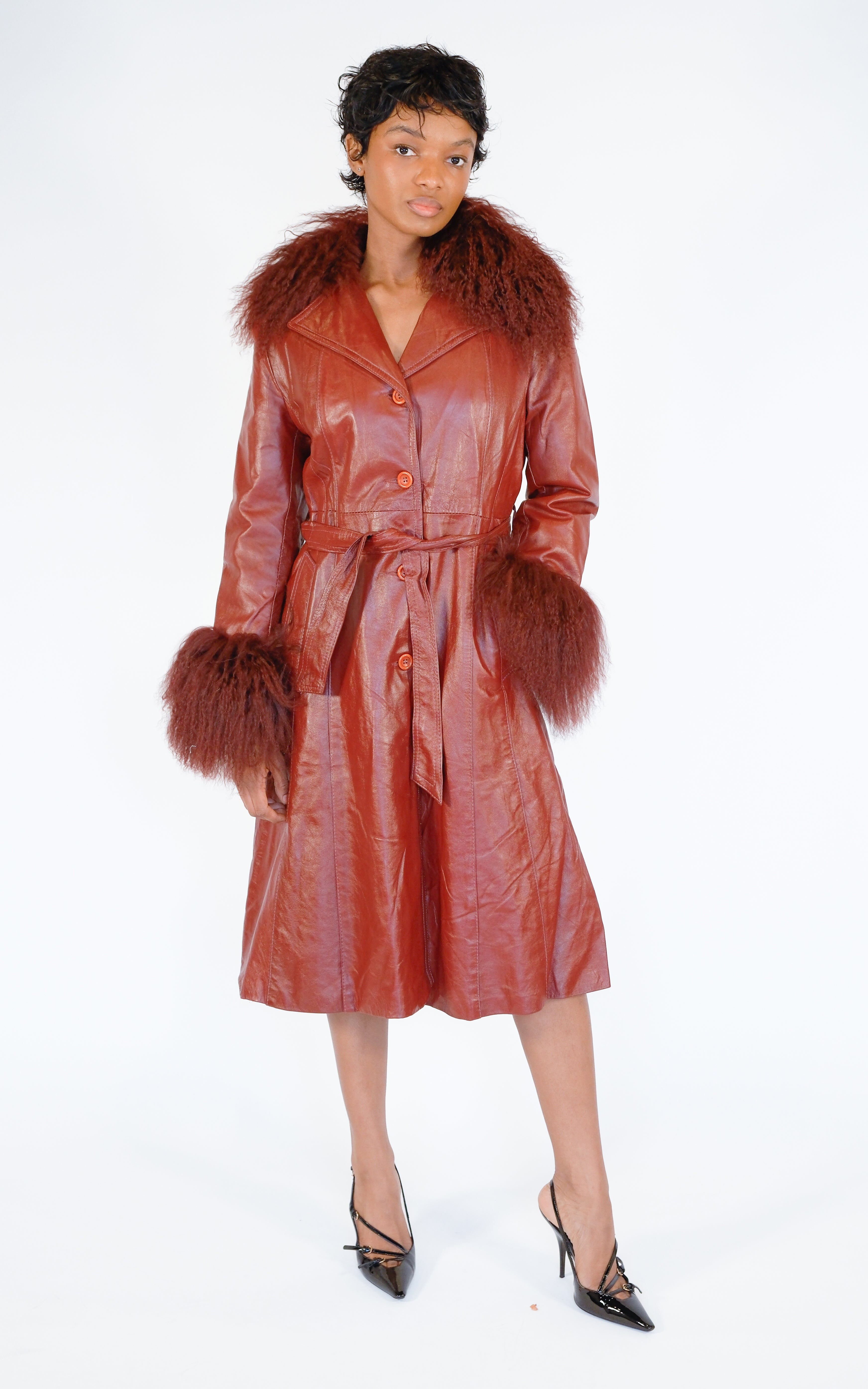 RESELLUM Red Leather Fur Trim 70s Penny Lane Style Belted Midi Jacket