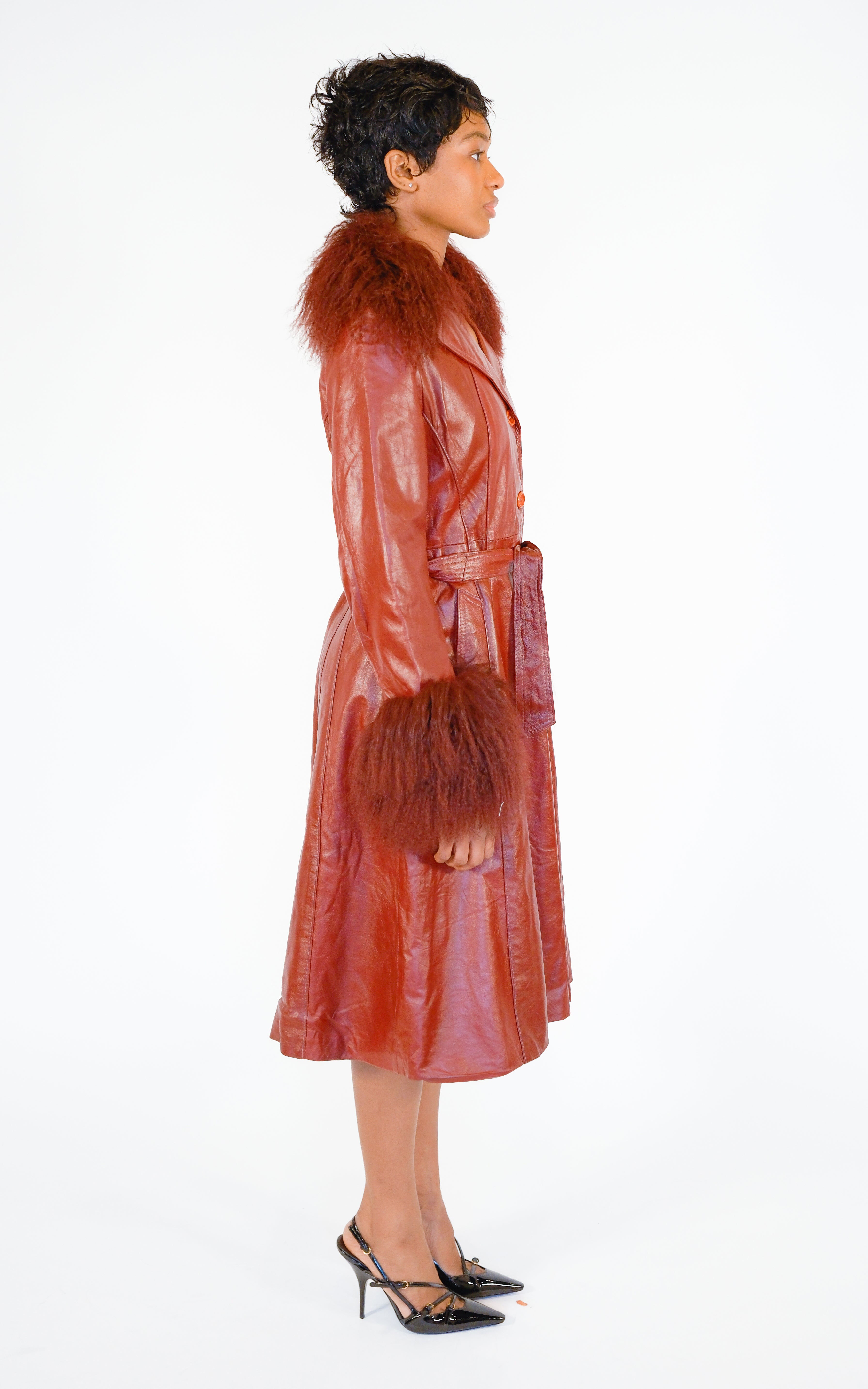 RESELLUM Red Leather Fur Trim 70s Penny Lane Style Belted Midi Jacket
