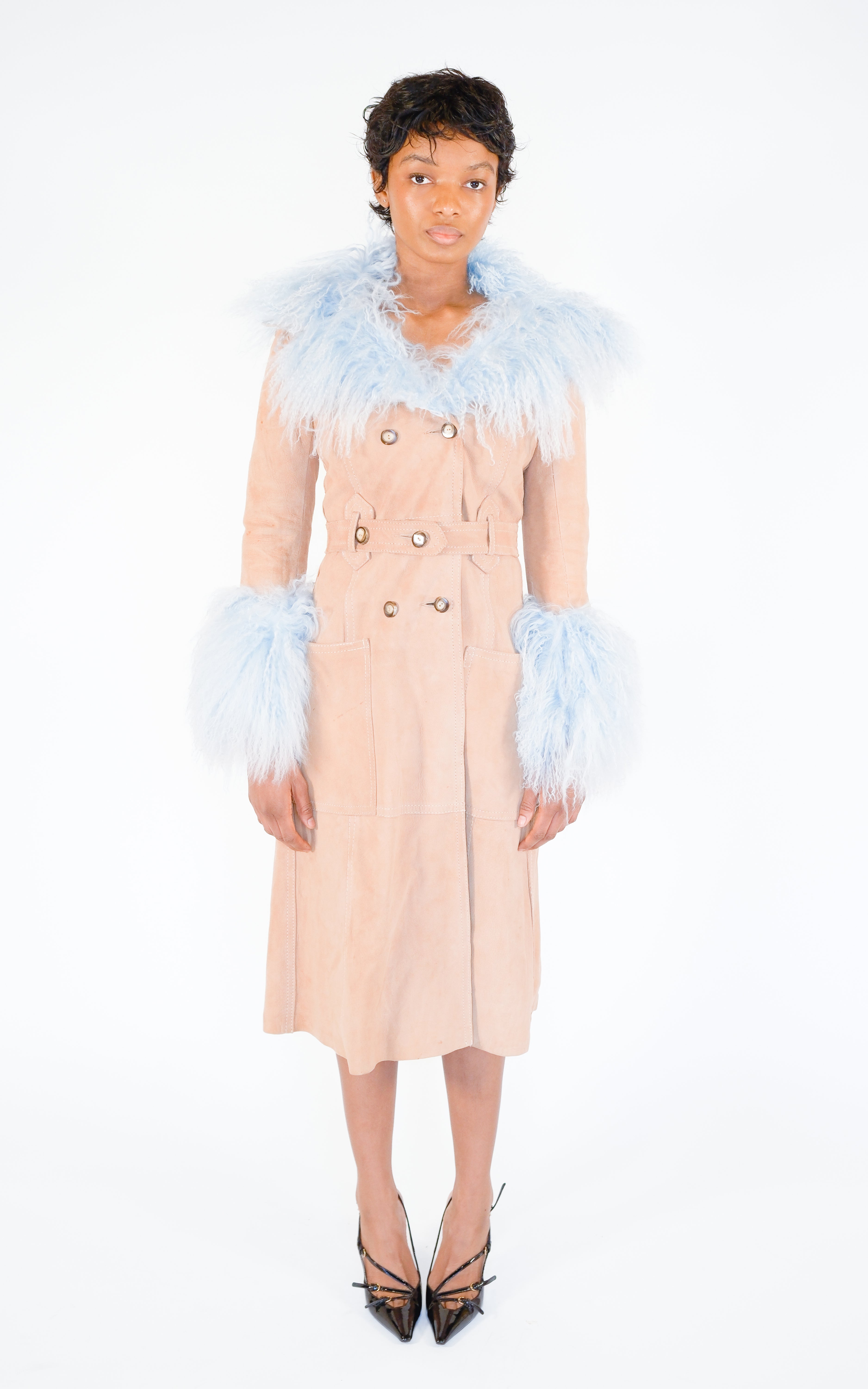 RESELLUM Upcycled Beige Suede Blue Mongolian Sheep Fur Trim Coat