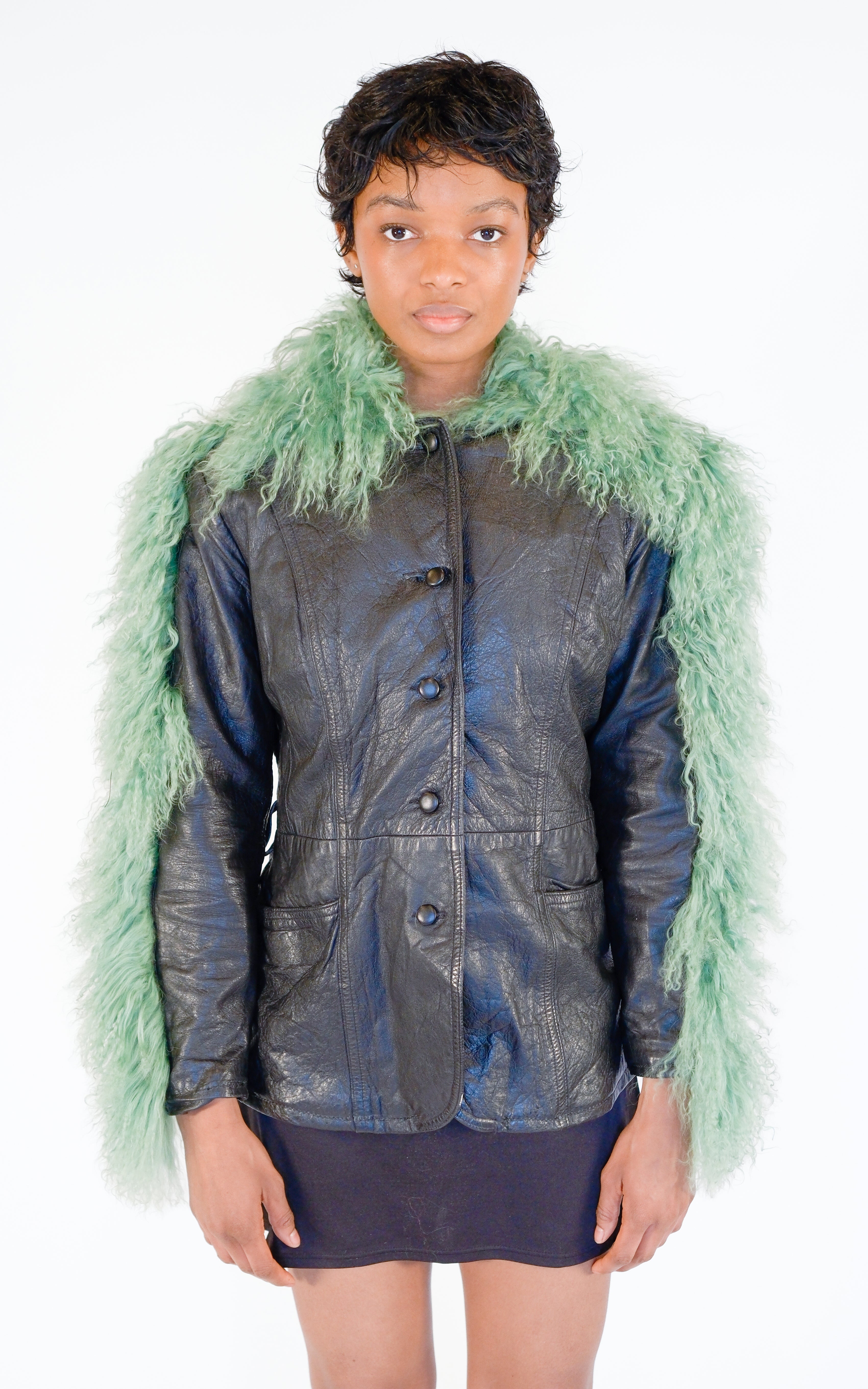 RESELLUM Upcycled Black Leather Green Fur Trim 90s Tailored Jacket