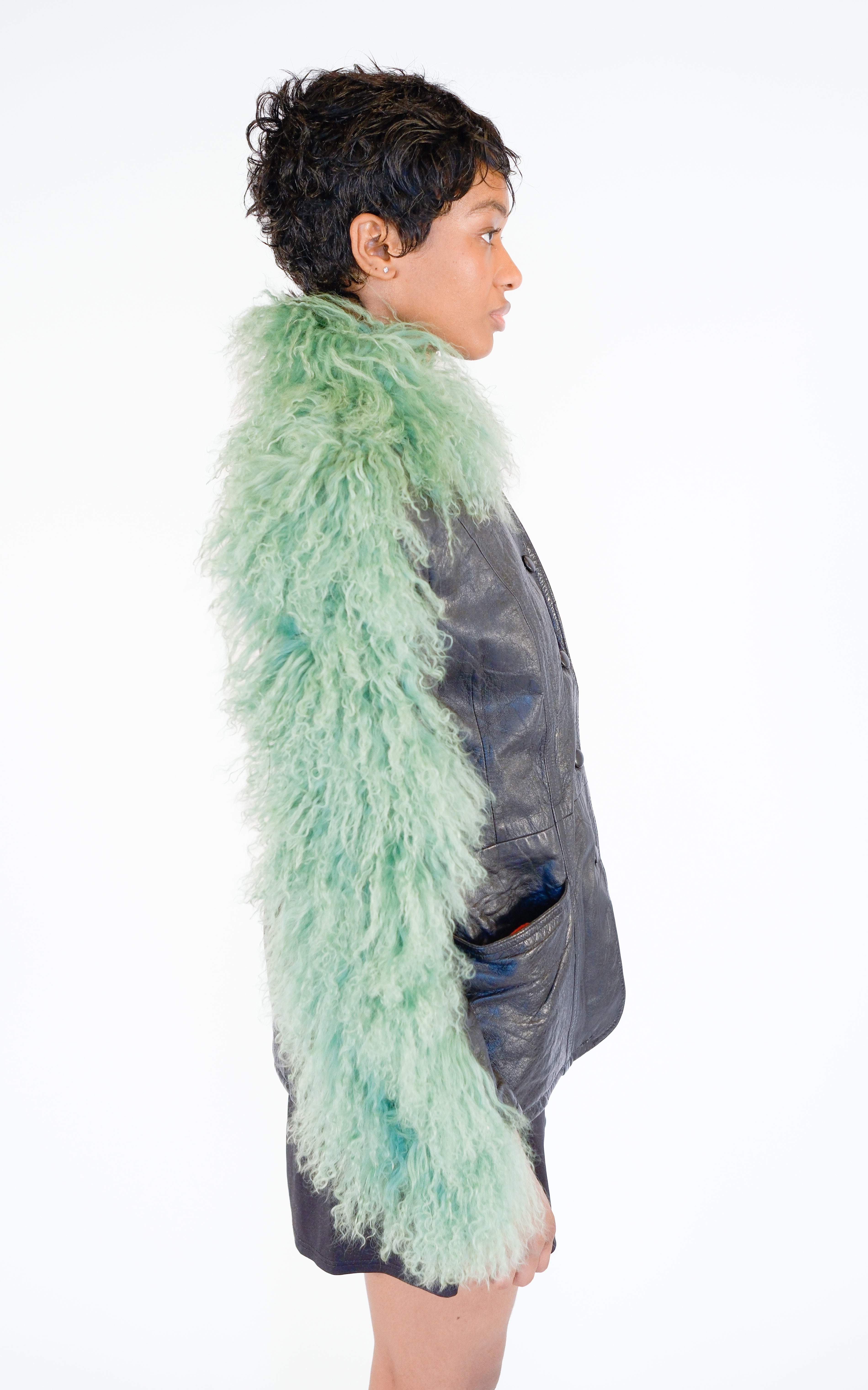 RESELLUM Upcycled Black Leather Green Fur Trim 90s Tailored Jacket