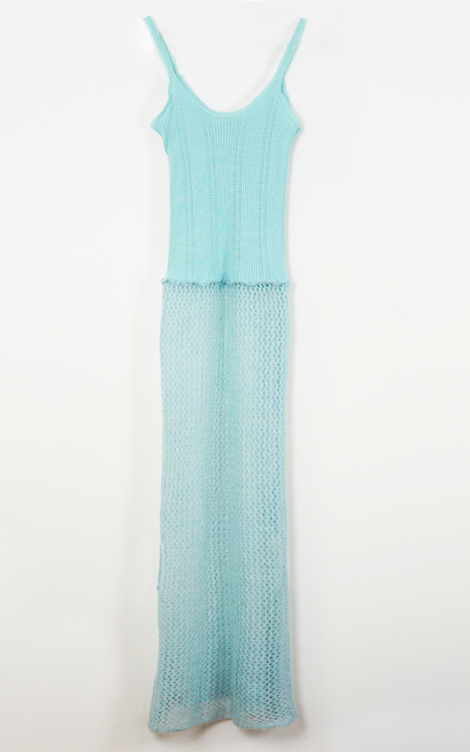 SISLEY Crochet Knit Maxi Blue Dress