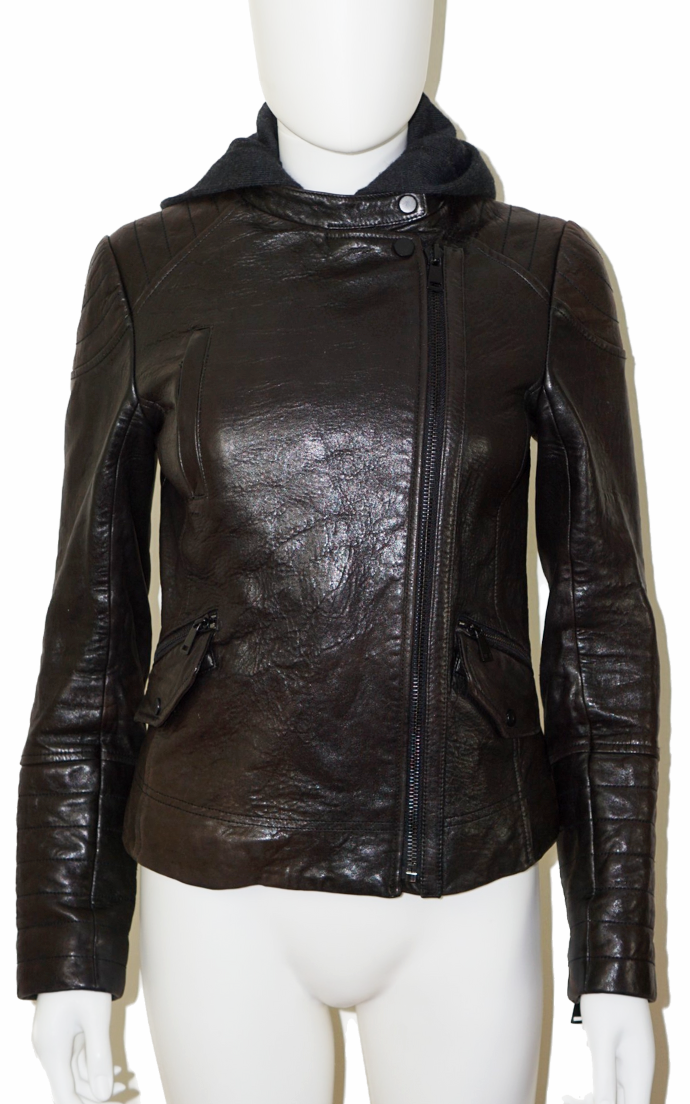VINCE Black Leather Biker Hooded Jacket