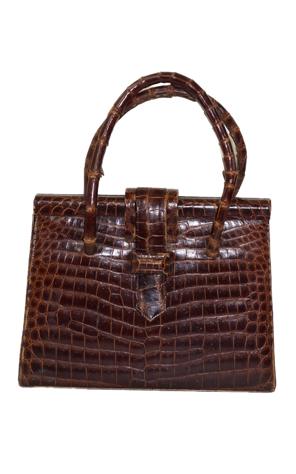 VINTAGE Brown Crocodile Bamboo Handle Bag