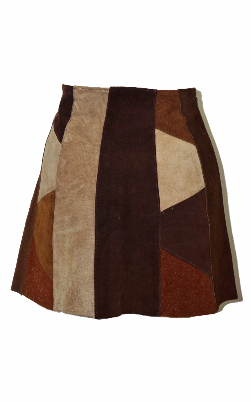 VINTAGE 80s Suede A-Line Patchwork Mini Skirt