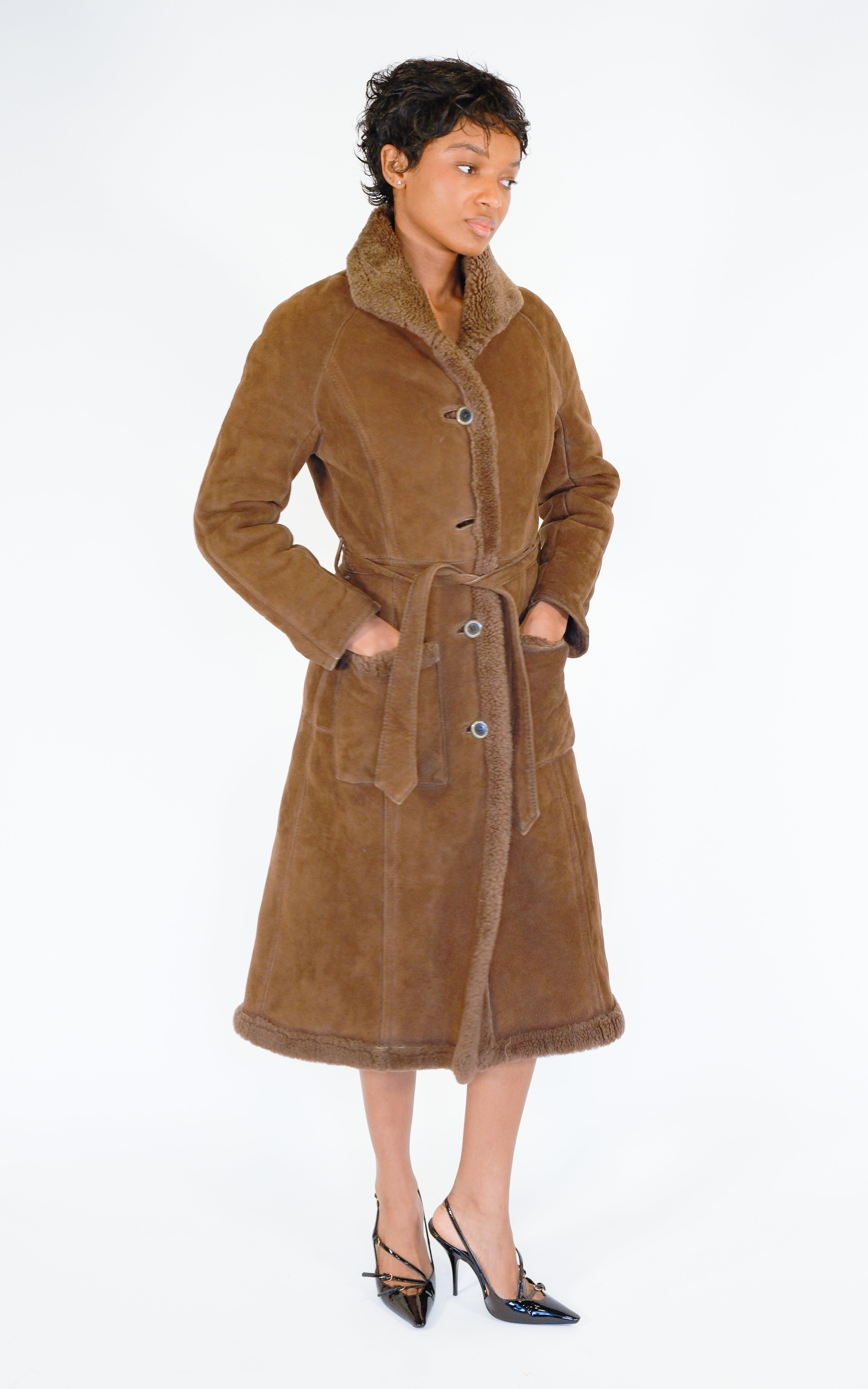 VINTAGE Brown Leather Shearling Coat 70s Style Button Front Belted Midi Jacket