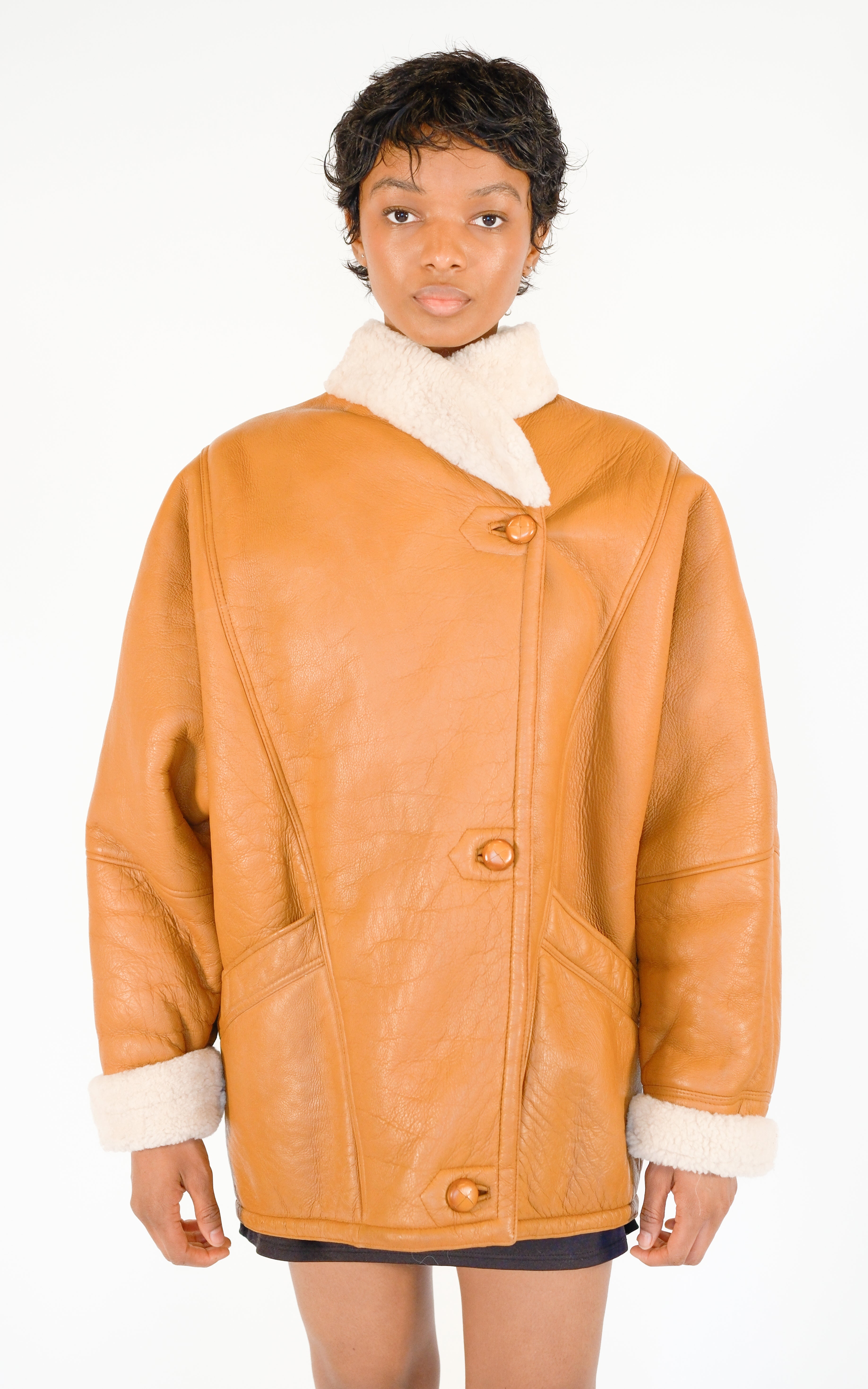 VINTAGE Camel Tan Leather Shearling 80s Button Front Oversized Jacket