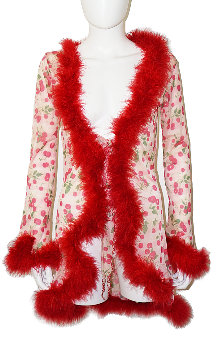 VINTAGE Cherry Print Red Feather Boudoir Robe