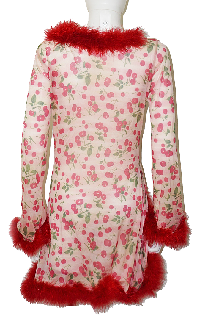 VINTAGE Cherry Print Red Feather Boudoir Robe