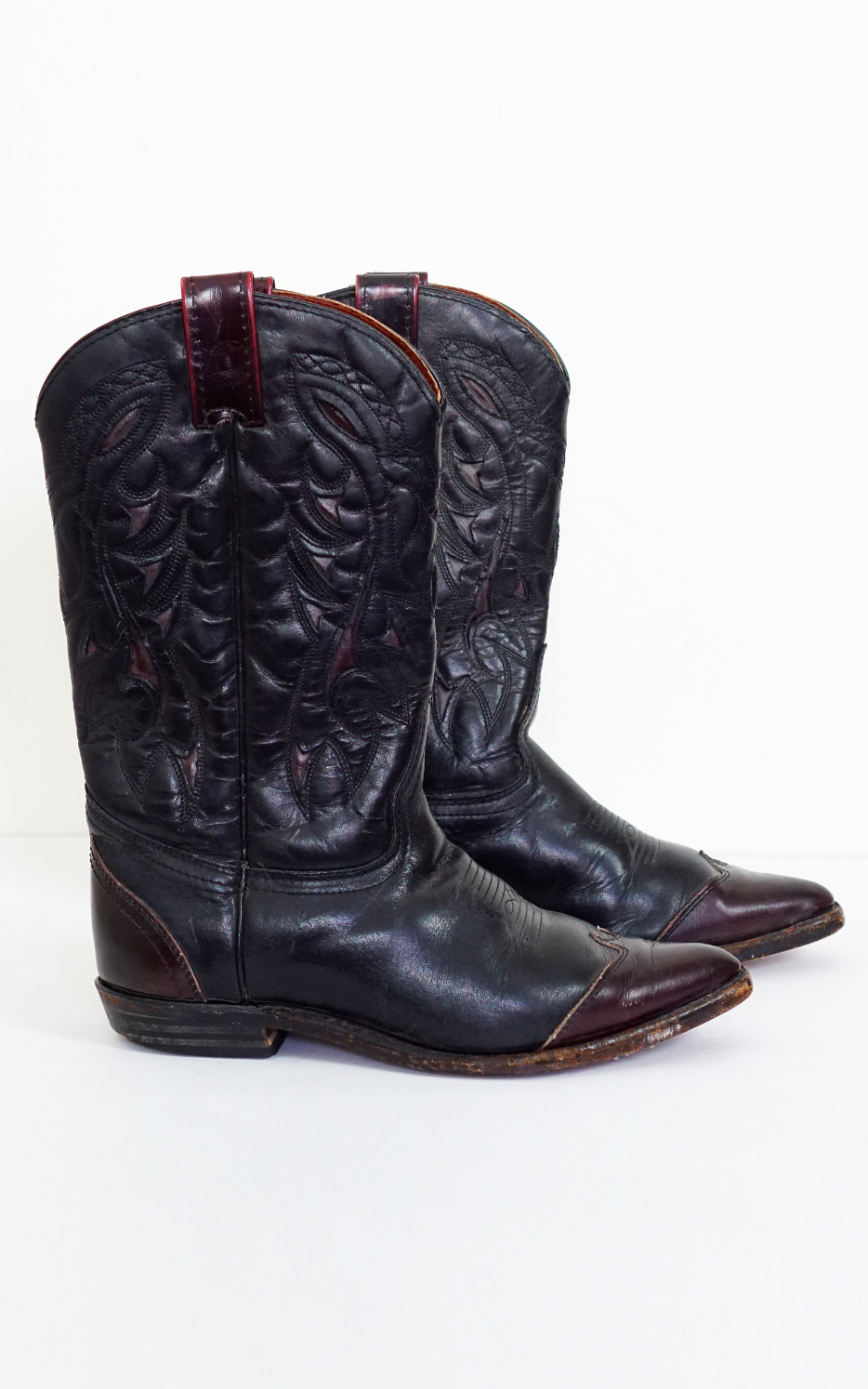 VINTAGE Leather Cowboy Boots Black Red