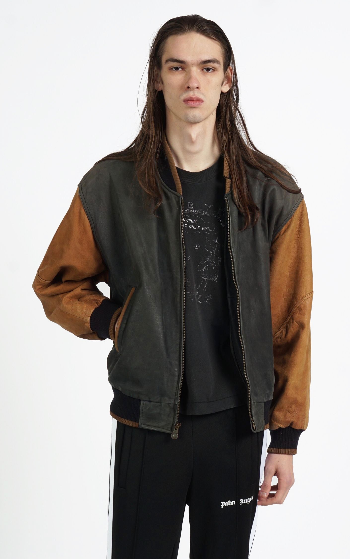 VINTAGE Brown Faded Leather Grunge Bomber Varsity Jacket resellum