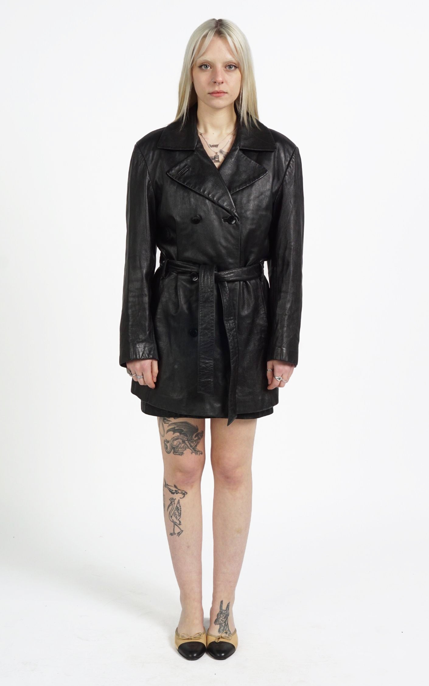 VINTAGE 90s Black Real Leather Button Down Belted Coat resellum