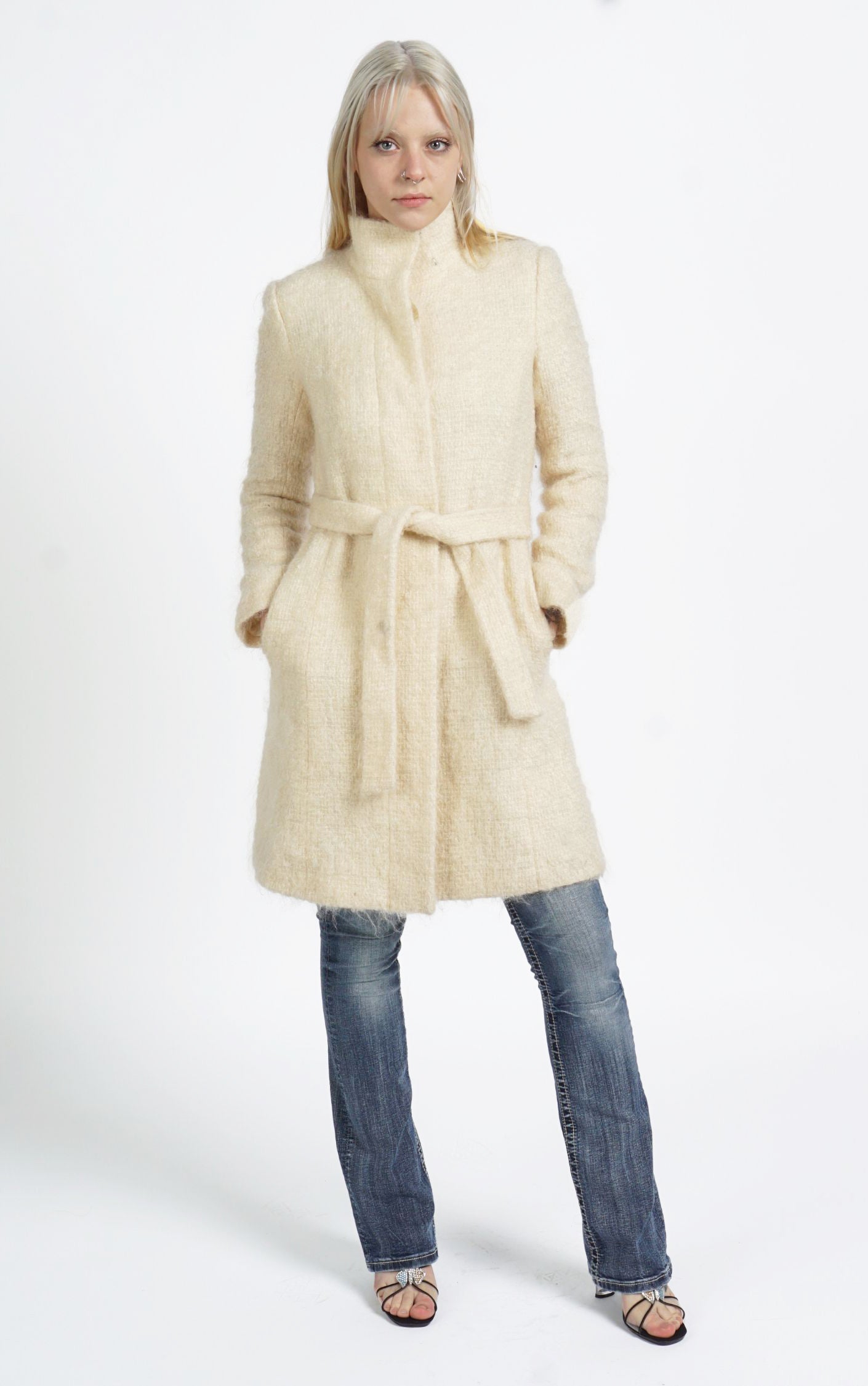 VINTAGE Beige Pastel Fuzzy Angora Wool Belted Stand Collar Coat resellum