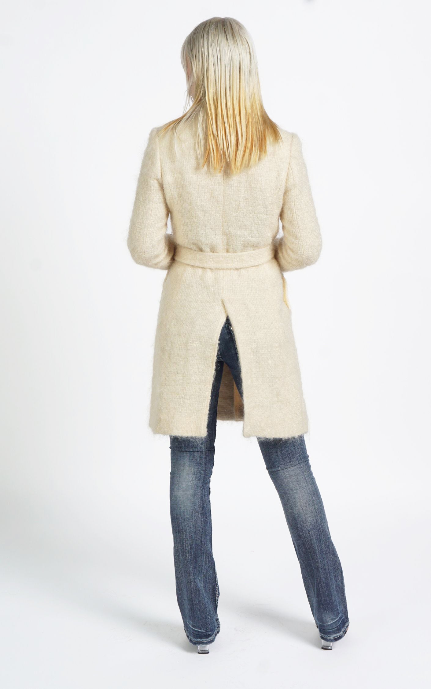 VINTAGE Beige Pastel Fuzzy Angora Wool Belted Stand Collar Coat resellum