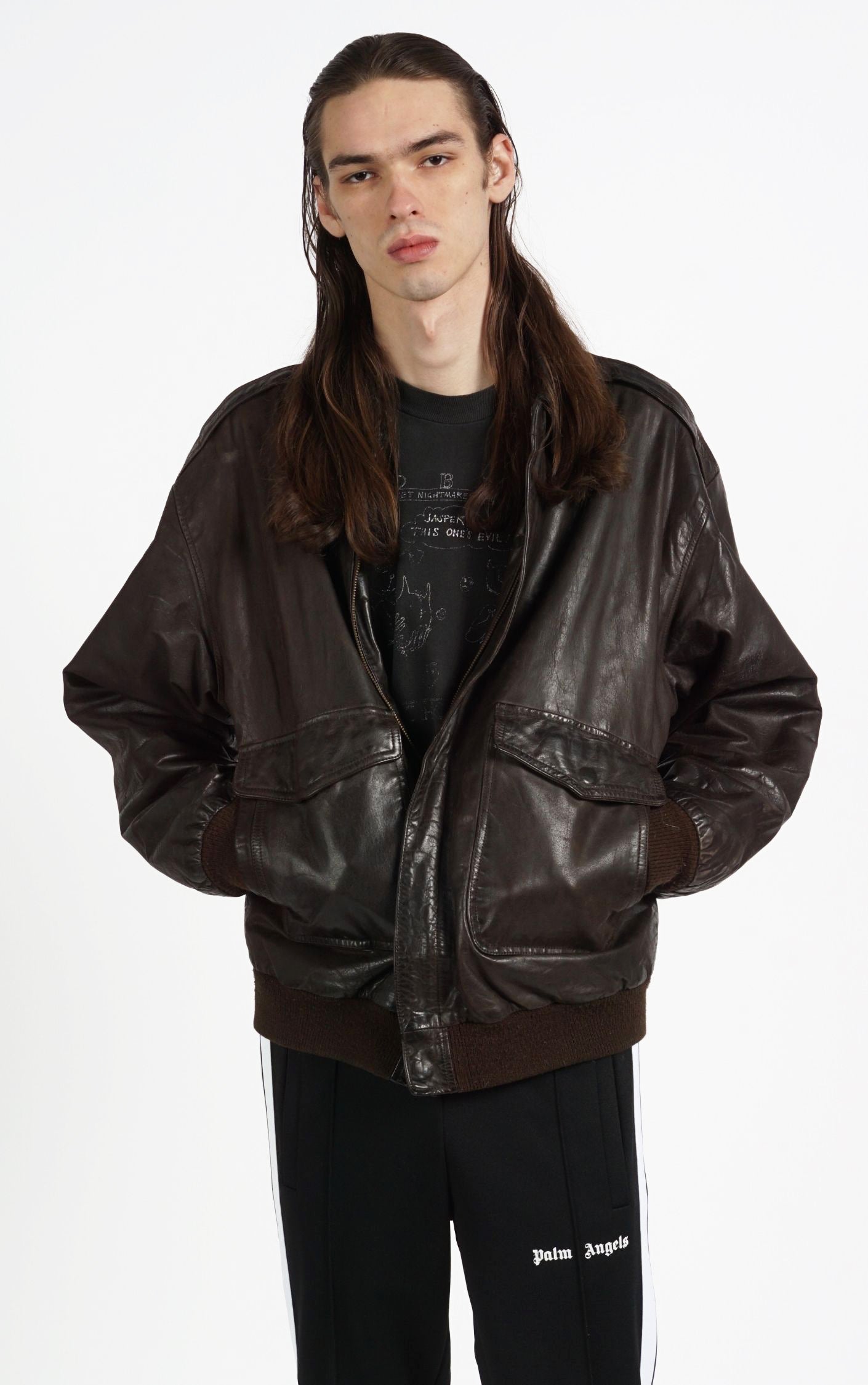 VINTAGE Dark Brown Faded Leather Aviator Style Pockets Grunge Jacket resellum