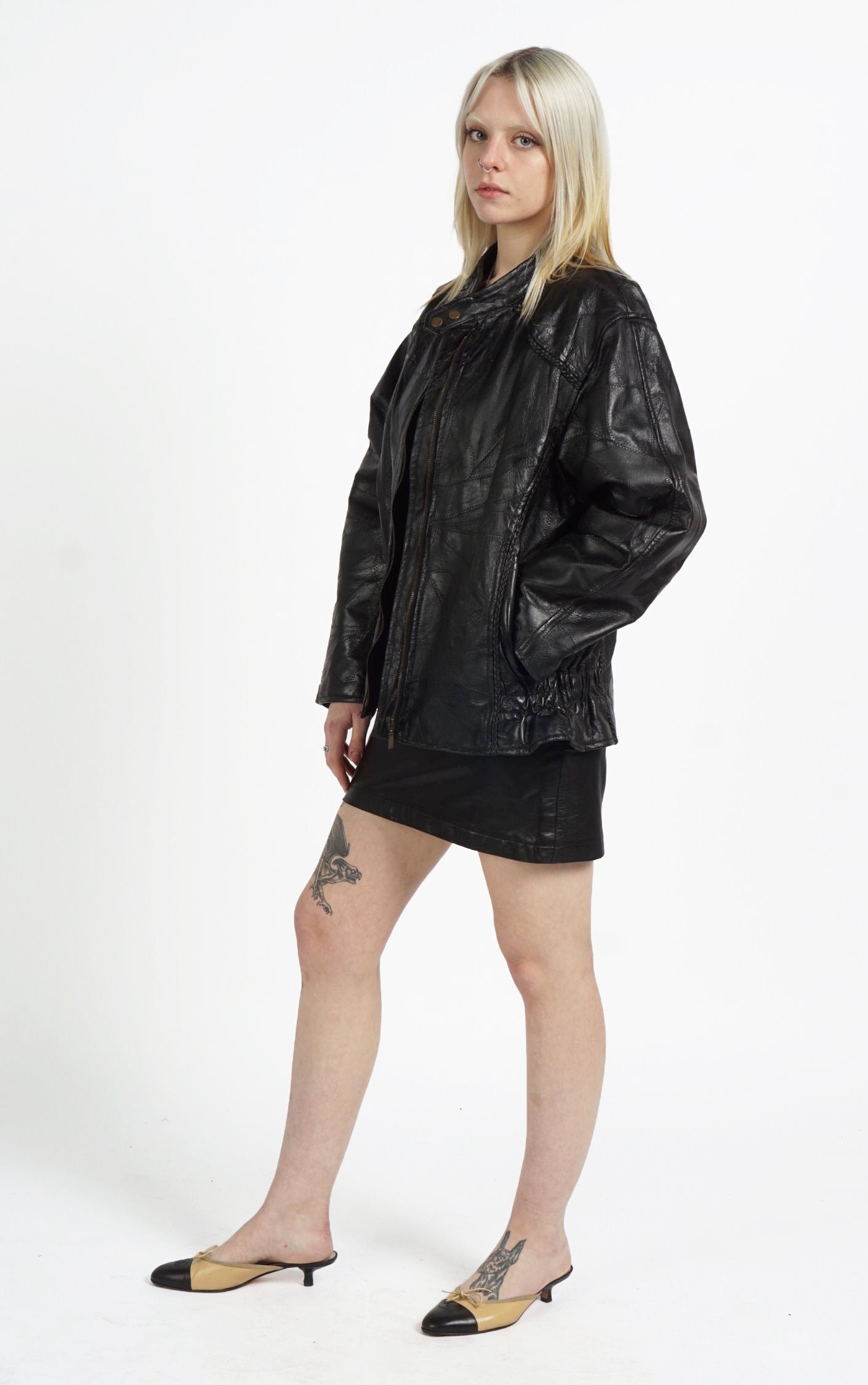 VINTAGE 90s Black Real Leather Patchwork Grunge Oversized Jacket resellum
