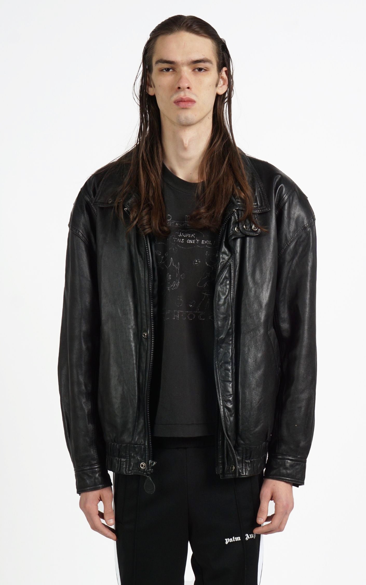 VINTAGE Black Real Leather Grunge Moto Bomber Jacket resellum
