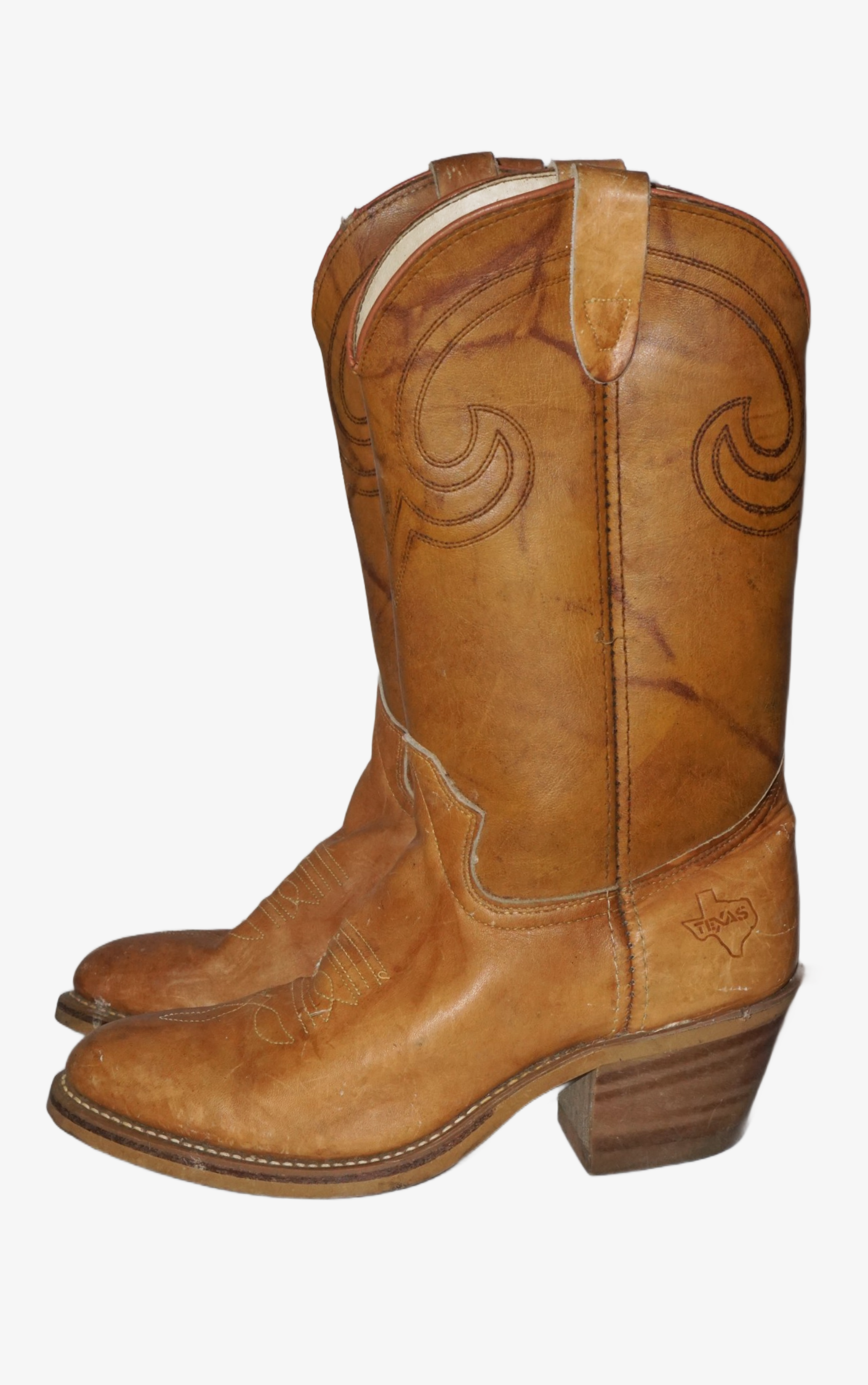 VINTAGE Texas Camel Brown Leather Western Cowboy Boots US 8.5 resellum