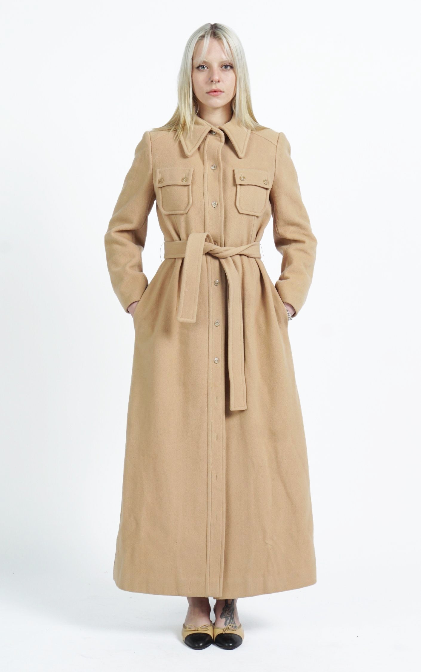 VINTAGE 80s Camel Wool Belted Classic Tailored Long Coat resellum