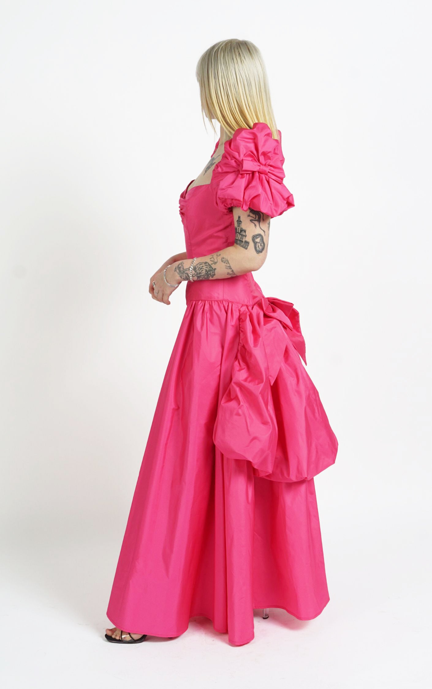 VINTAGE Victorian Hot Pink Puff Sleeve Ruffled Ball Gown Maxi Dress resellum