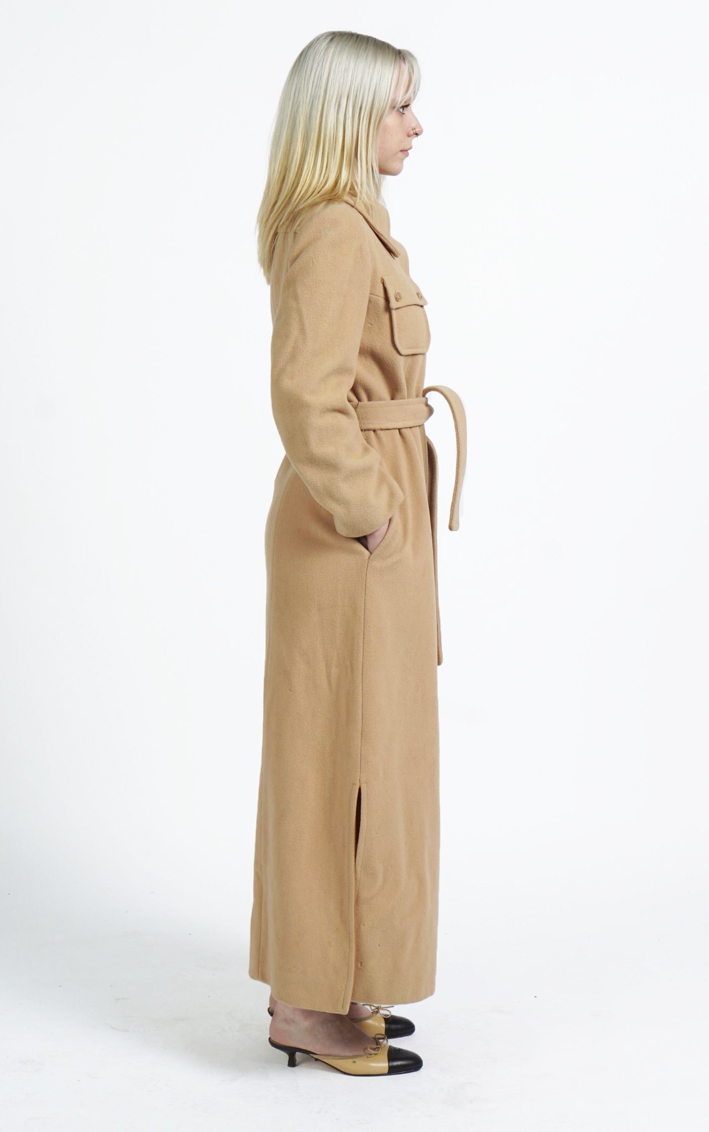 VINTAGE 80s Camel Wool Belted Classic Tailored Long Coat resellum