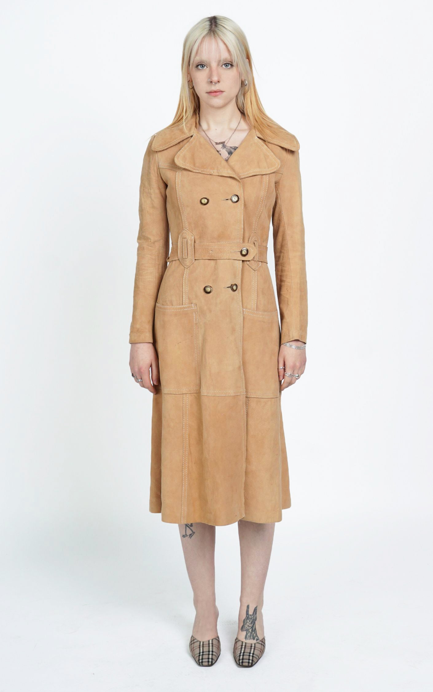 VINTAGE 60s Camel Suede Leather Belted Coat resellum