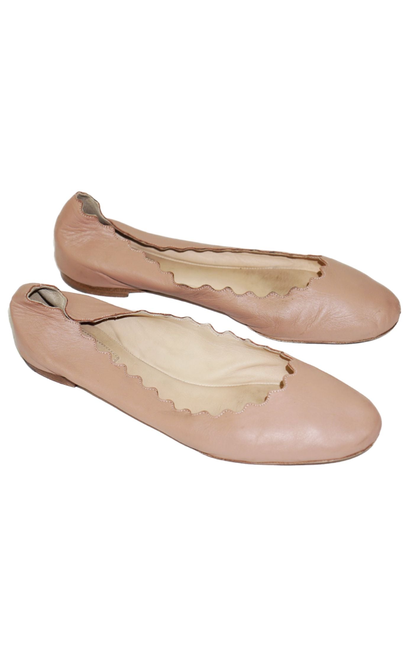 CHLOE Lauren Scalloped Beige Leather Flats 9 resellum