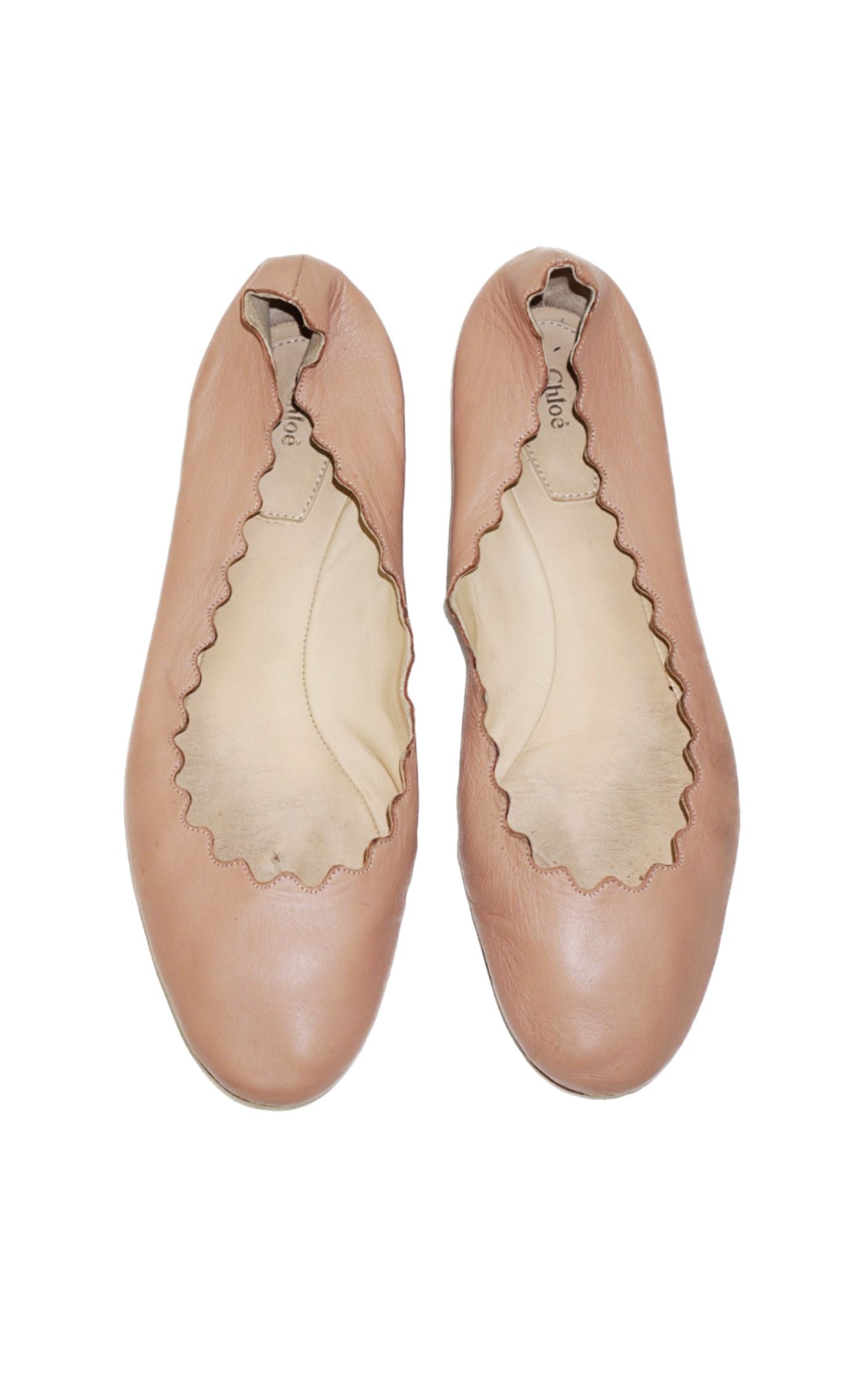 CHLOE Lauren Scalloped Beige Leather Flats 9 resellum