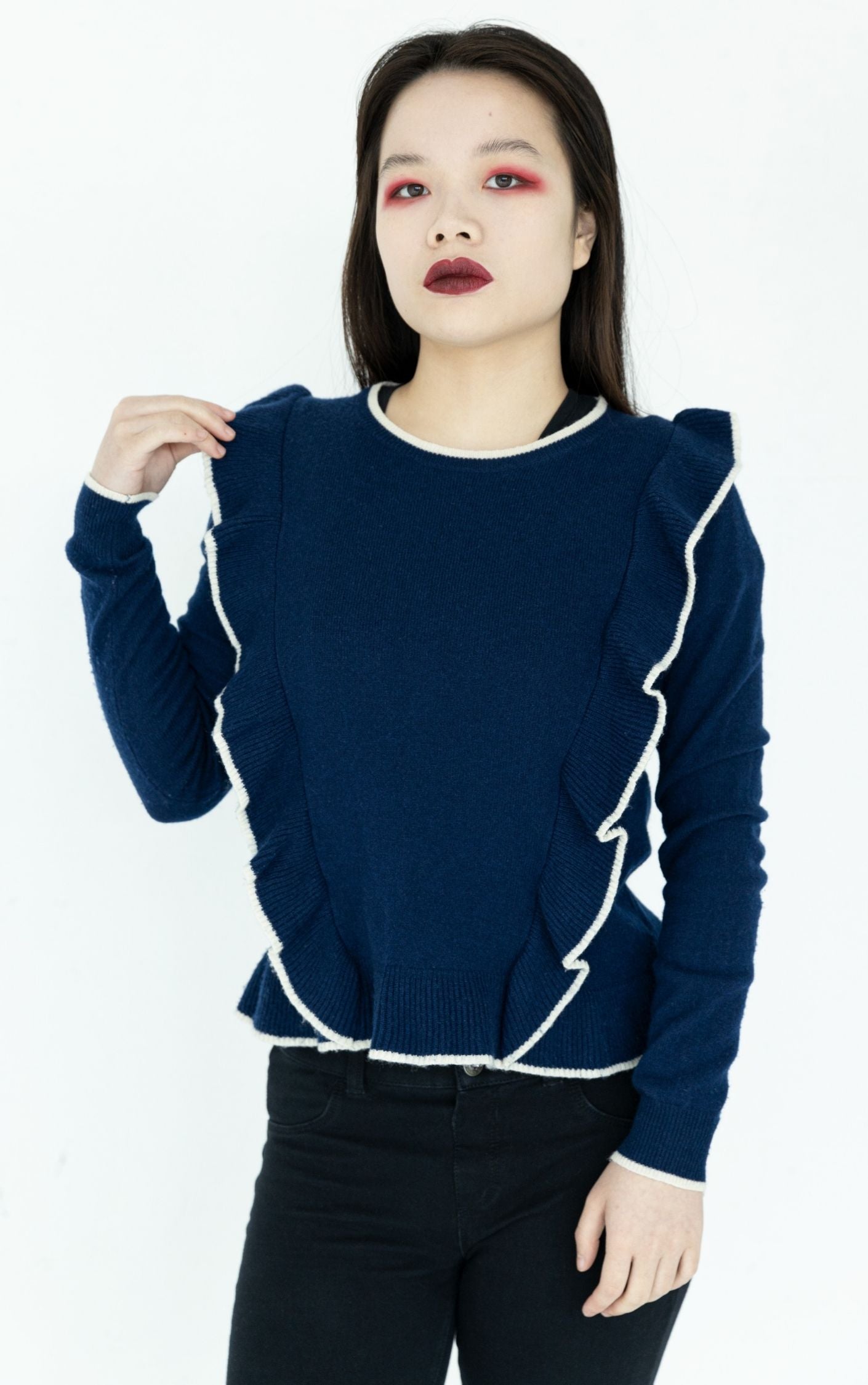 DRAPER JAMES Ruffled Wool Navy Sweater RESELLUM