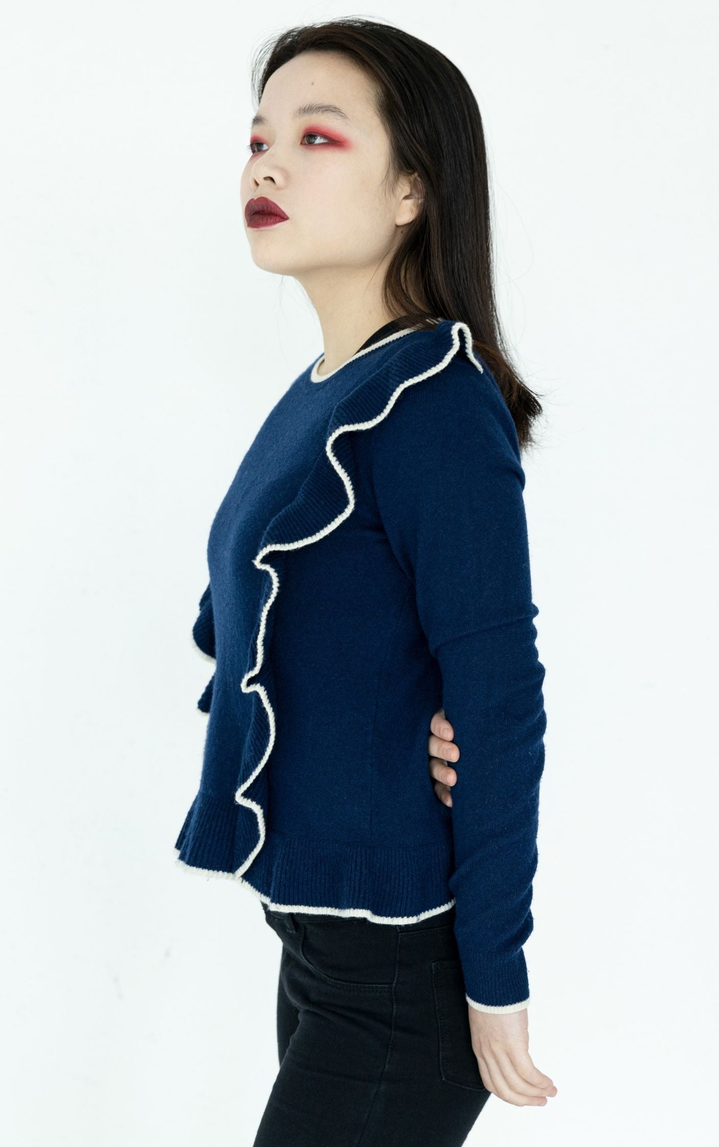 DRAPER JAMES Ruffled Wool Navy Sweater RESELLUM