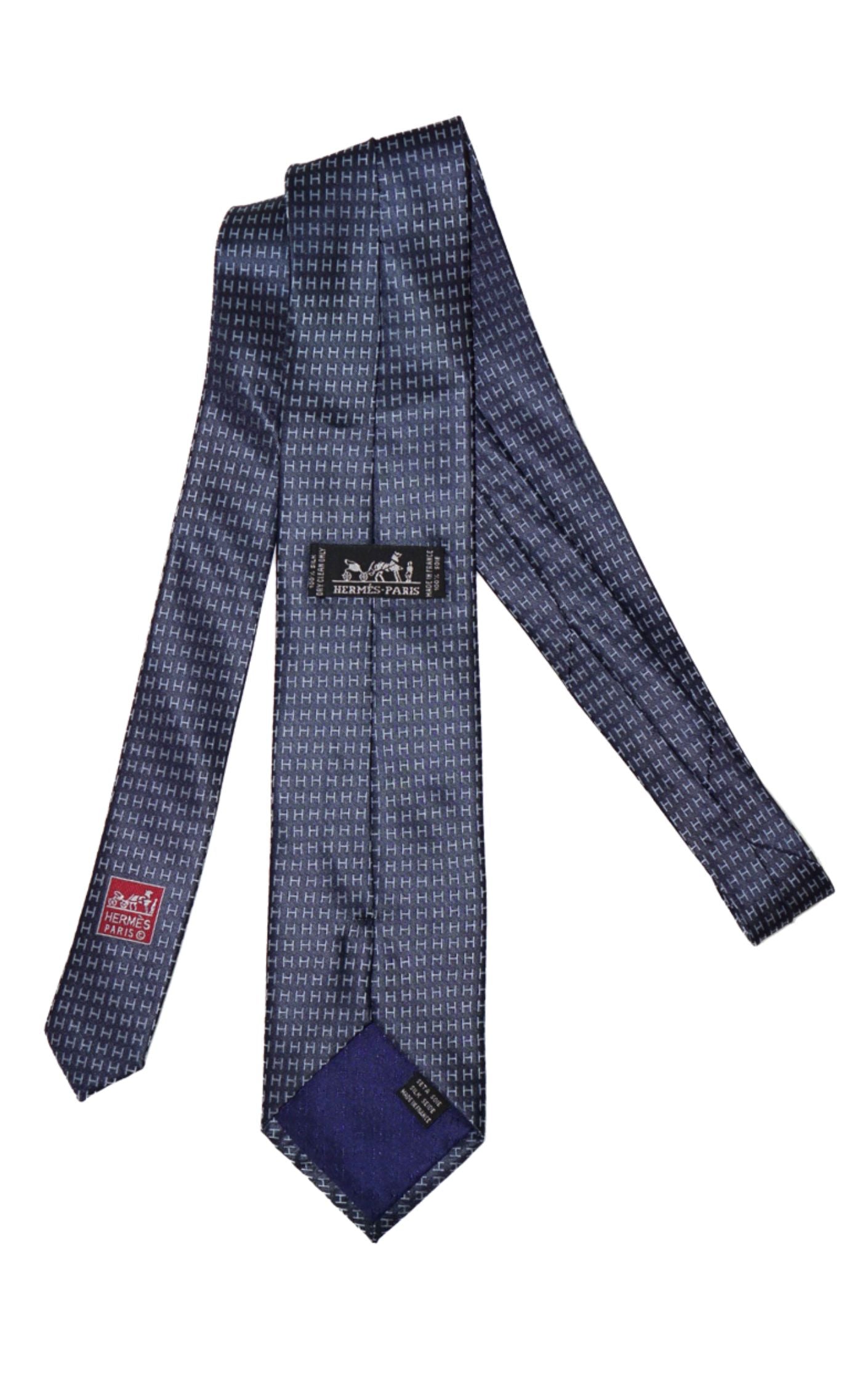 HERMES Vintage Monogram Chain Blue Silk Tie resellum