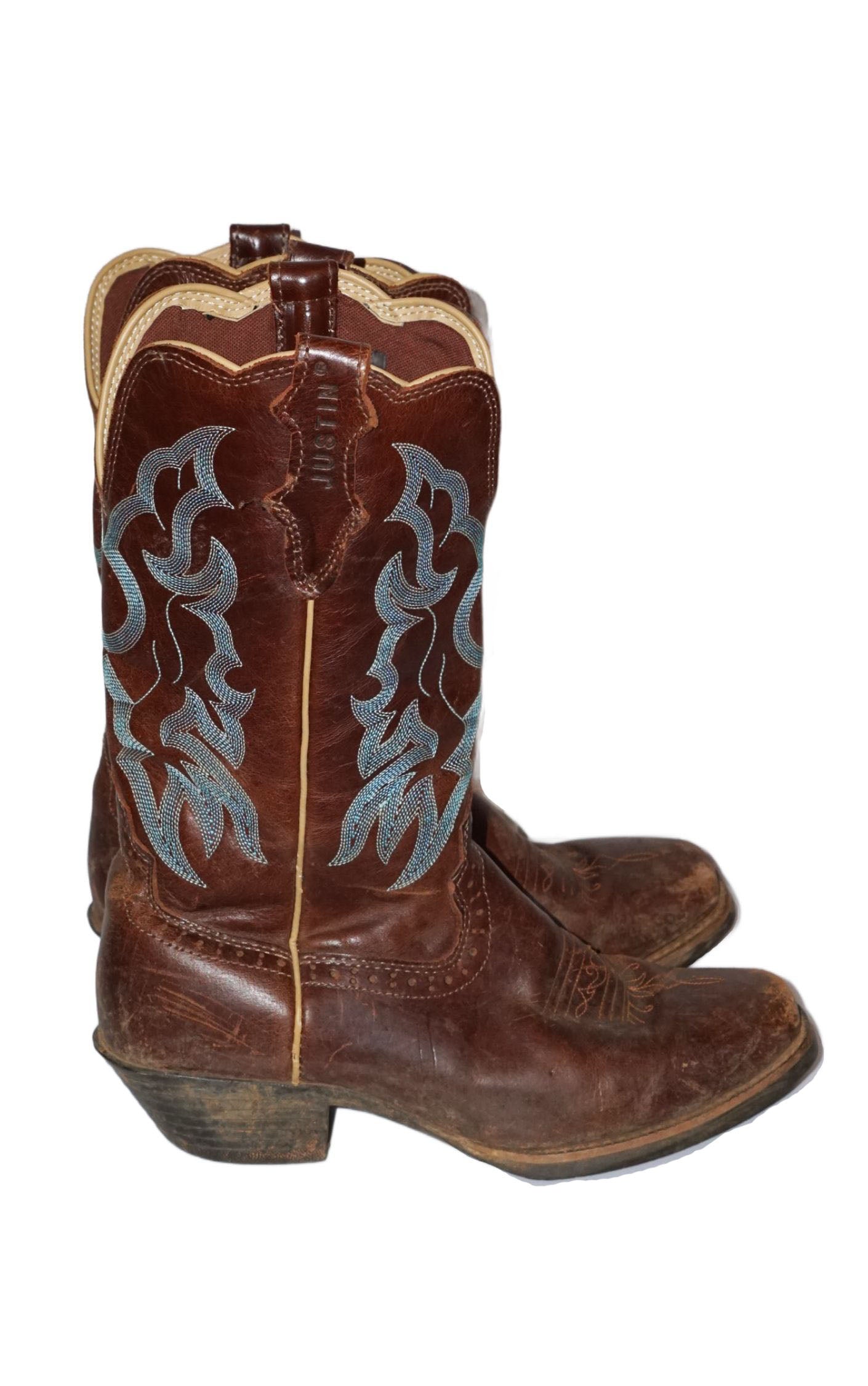 Justin Brown Blue Embroidery Leather Western Cowboy Boots resellum