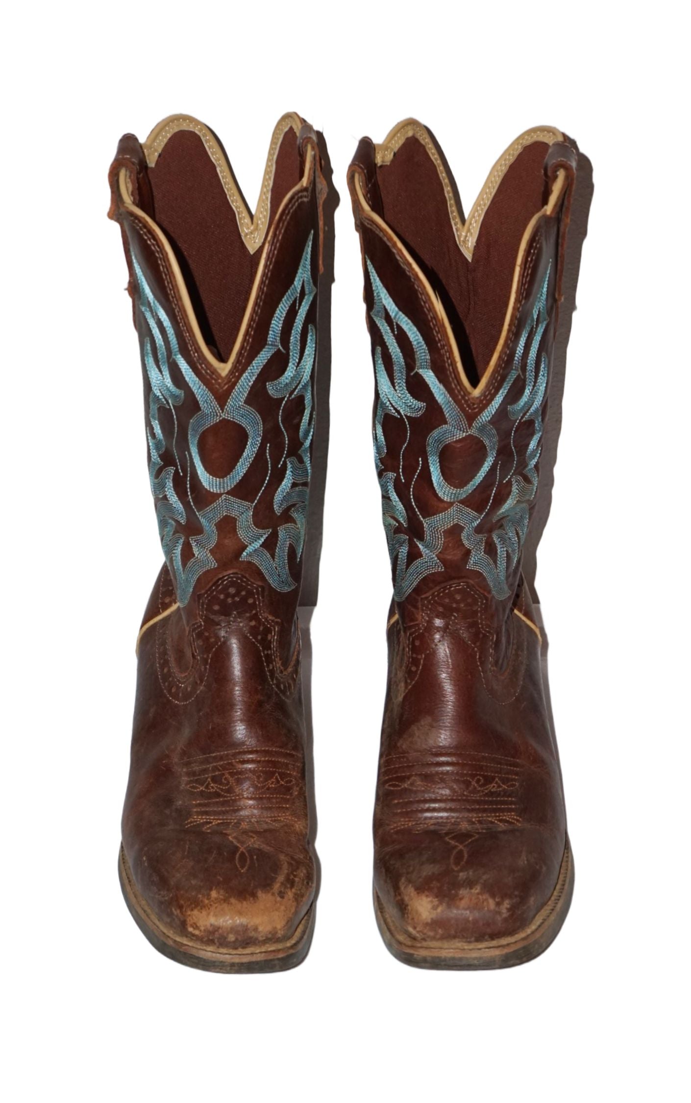 Justin Brown Blue Embroidery Leather Western Cowboy Boots resellum