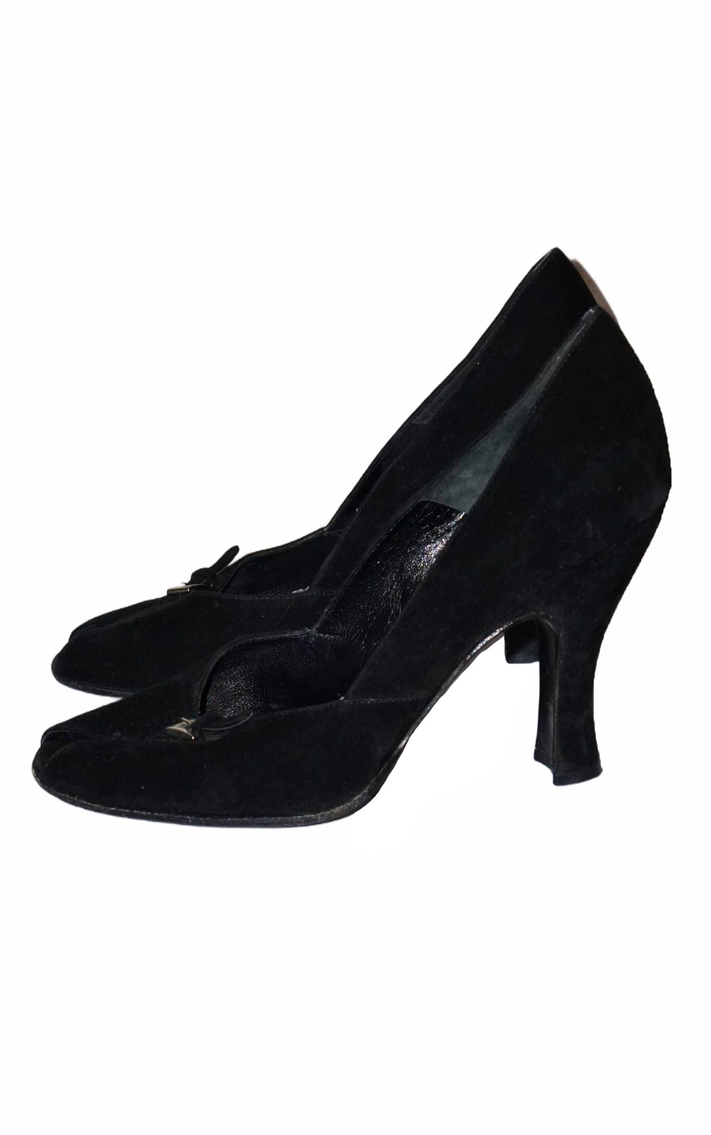 PRADA Black Suede Pedestal Heel Open Toe Shoes resellum