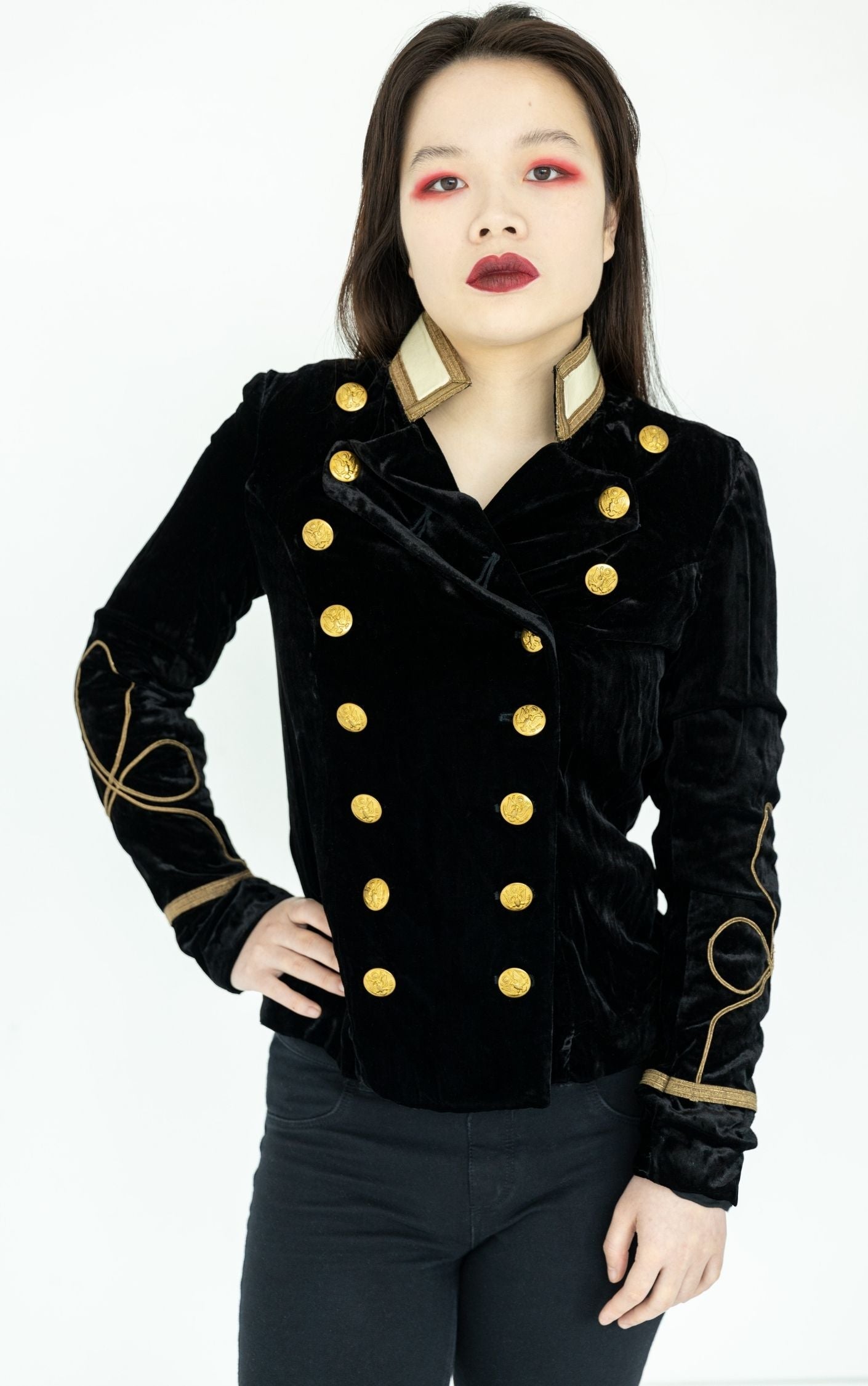 RALPH LAUREN Buttoned Black Velvet Military Blazer Jacket