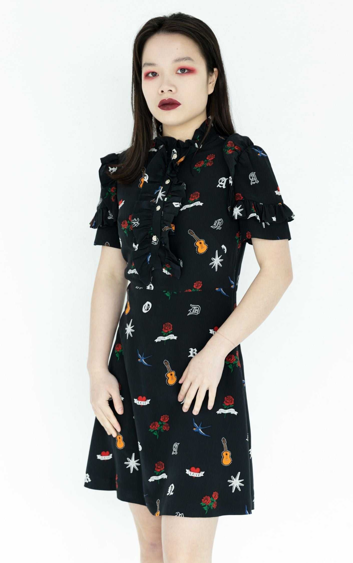 SANDRO Raffle A-Line Guitar Tattoo Print Mini Dress RESELLUM