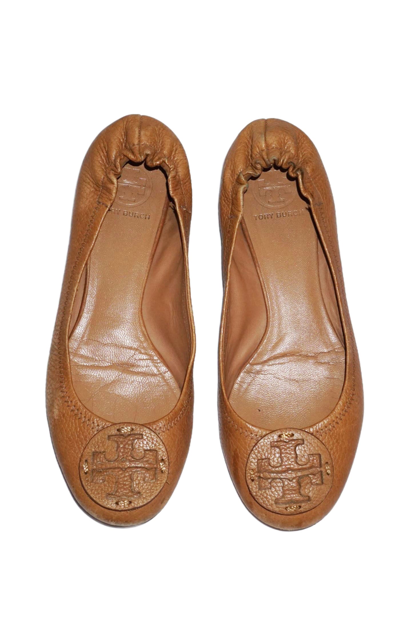 TORY BURCH Minnie Travel Brown Leather Ballet Flat Shoes resellum