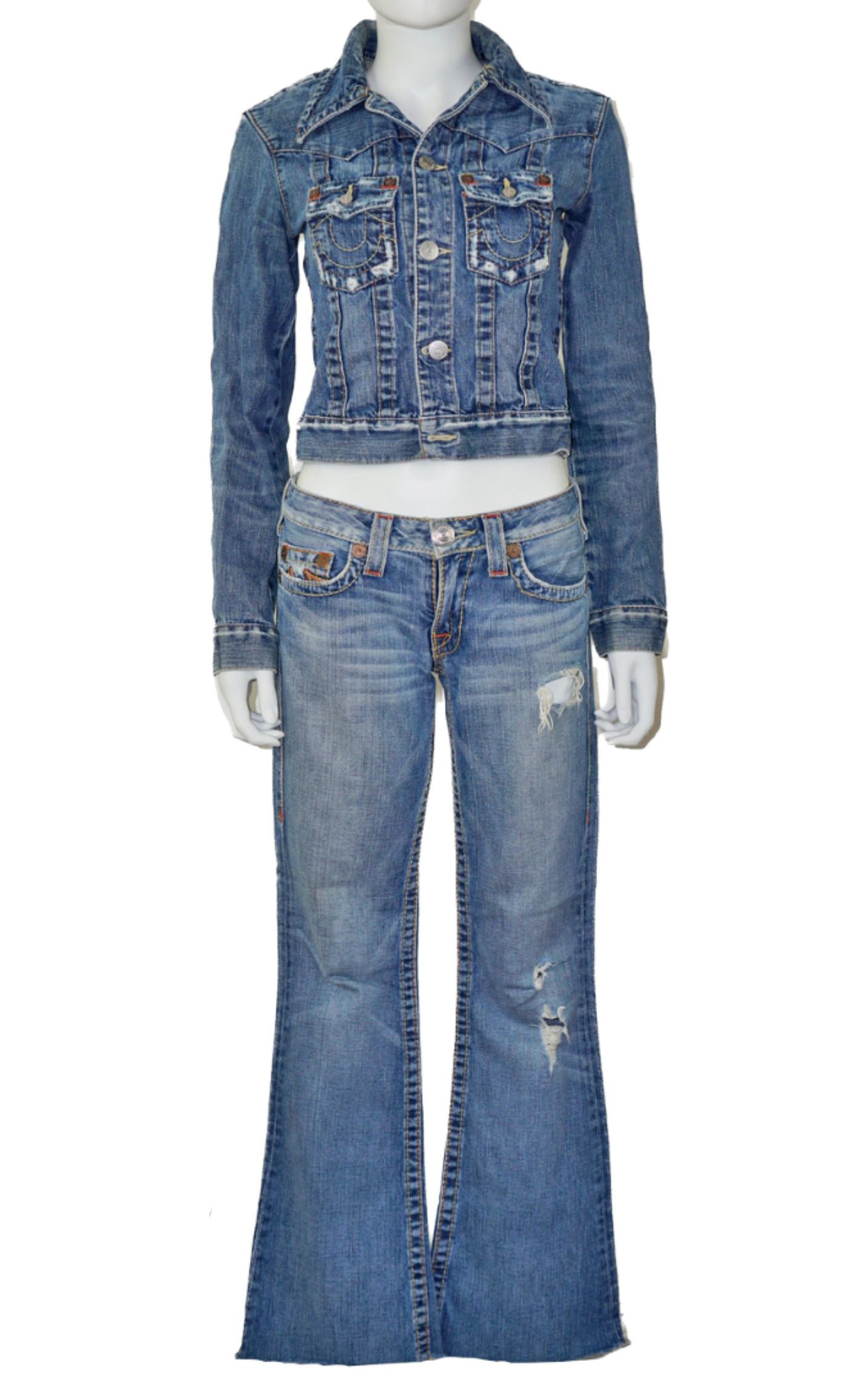 TRUE RELIGION Y2K Denim Jacket Flared Pants Set resellum