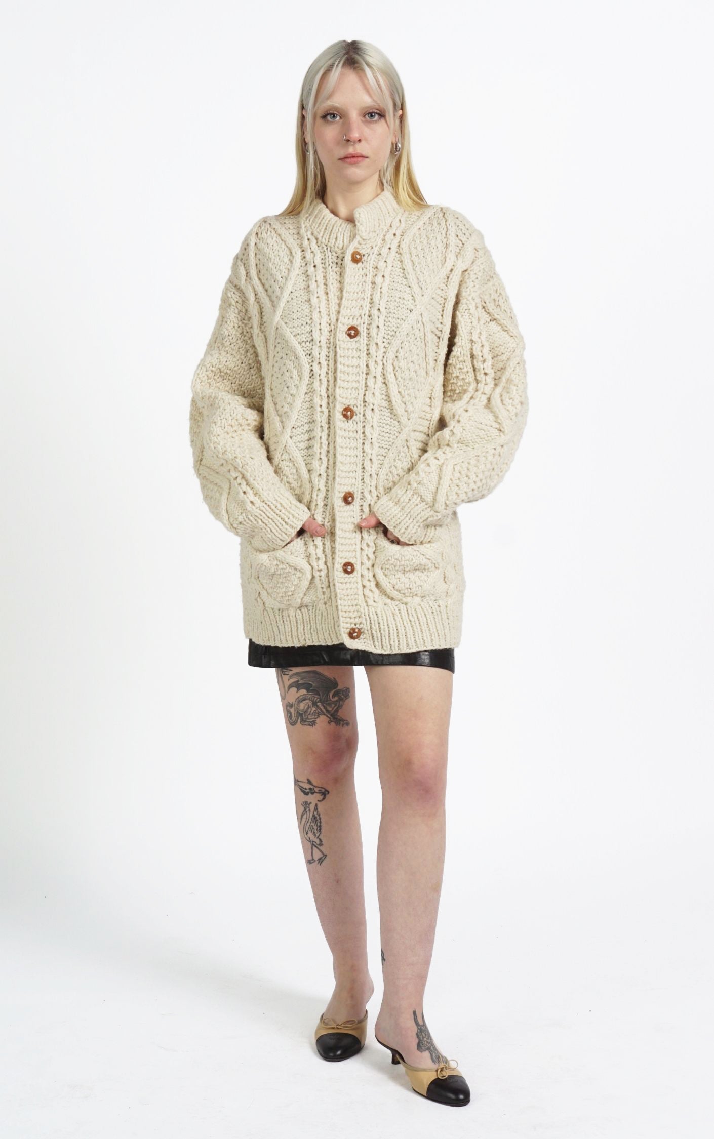 VINTAGE 100% Wool Chunky Knit Puff Sleeve Scandinavian Cardigan resellum