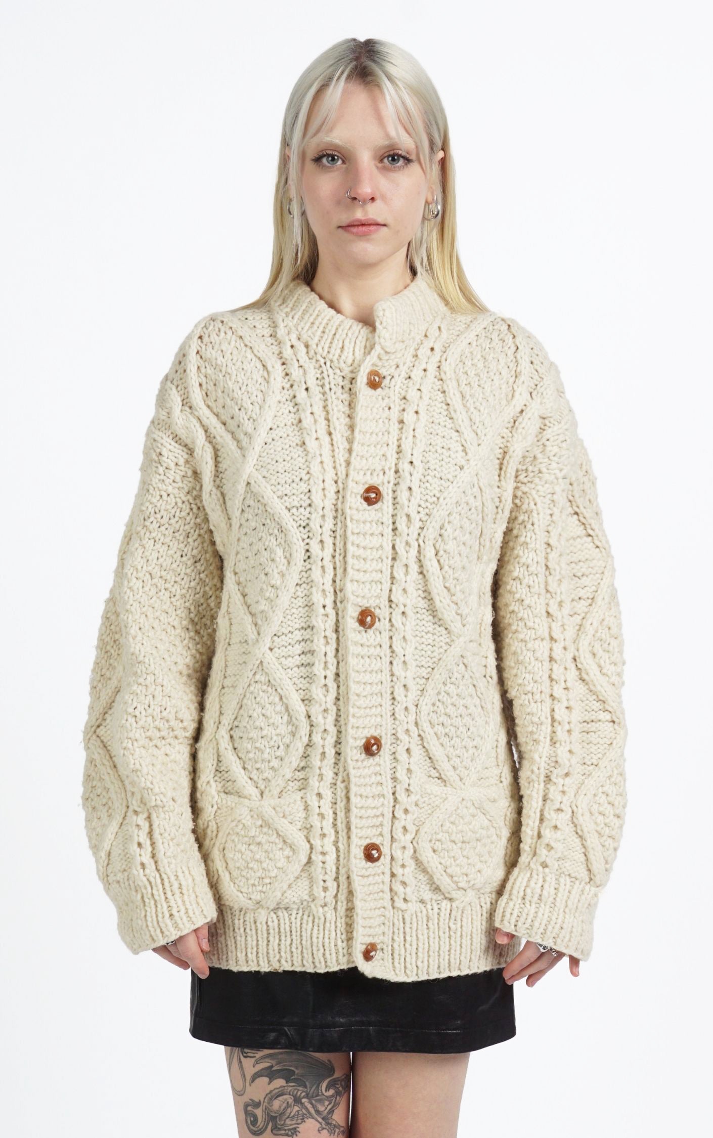 VINTAGE 100% Wool Chunky Knit Puff Sleeve Scandinavian Cardigan resellum