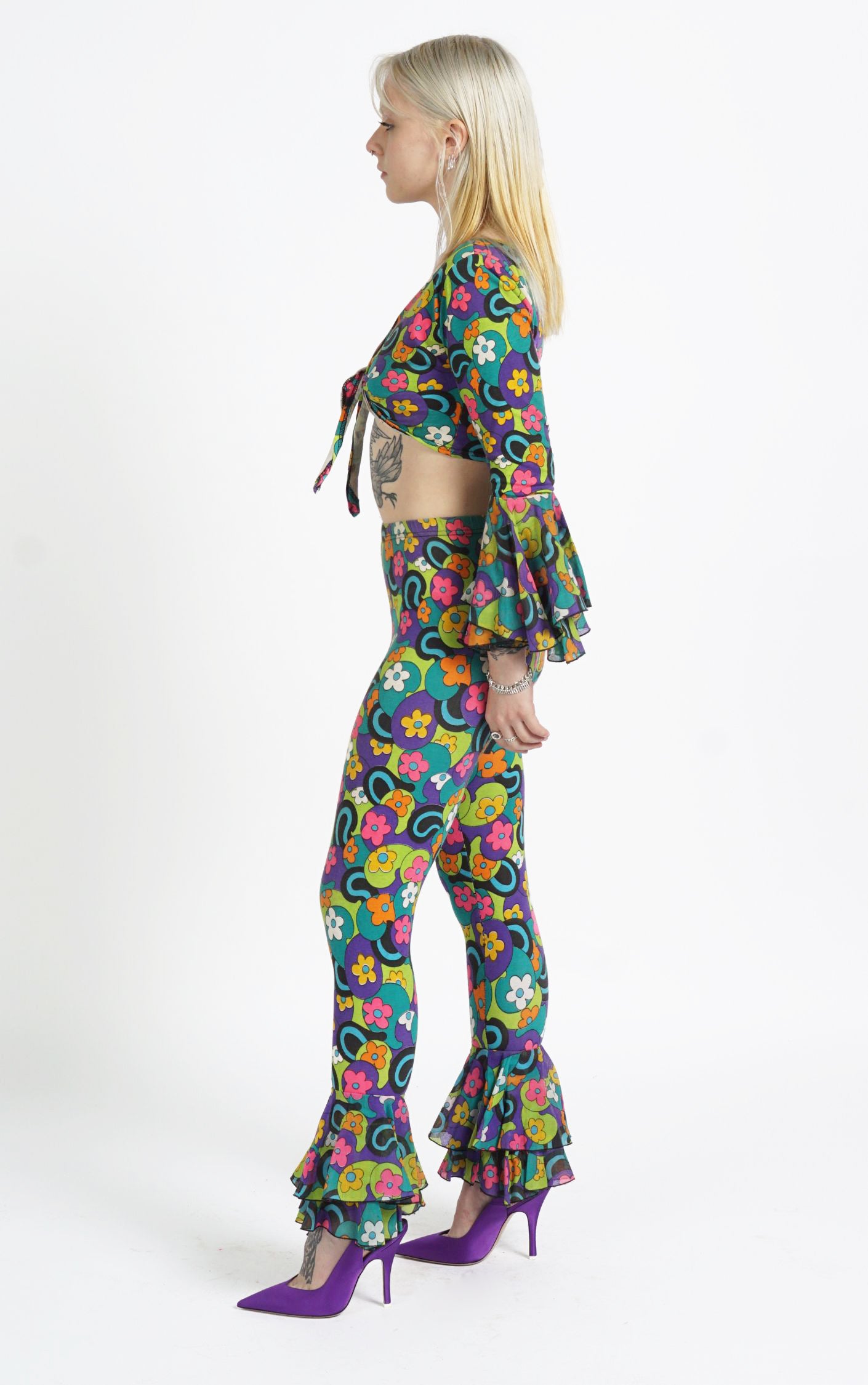 VINTAGE 70s Boho Floral Ruffled Top Pants Set Suit resellum