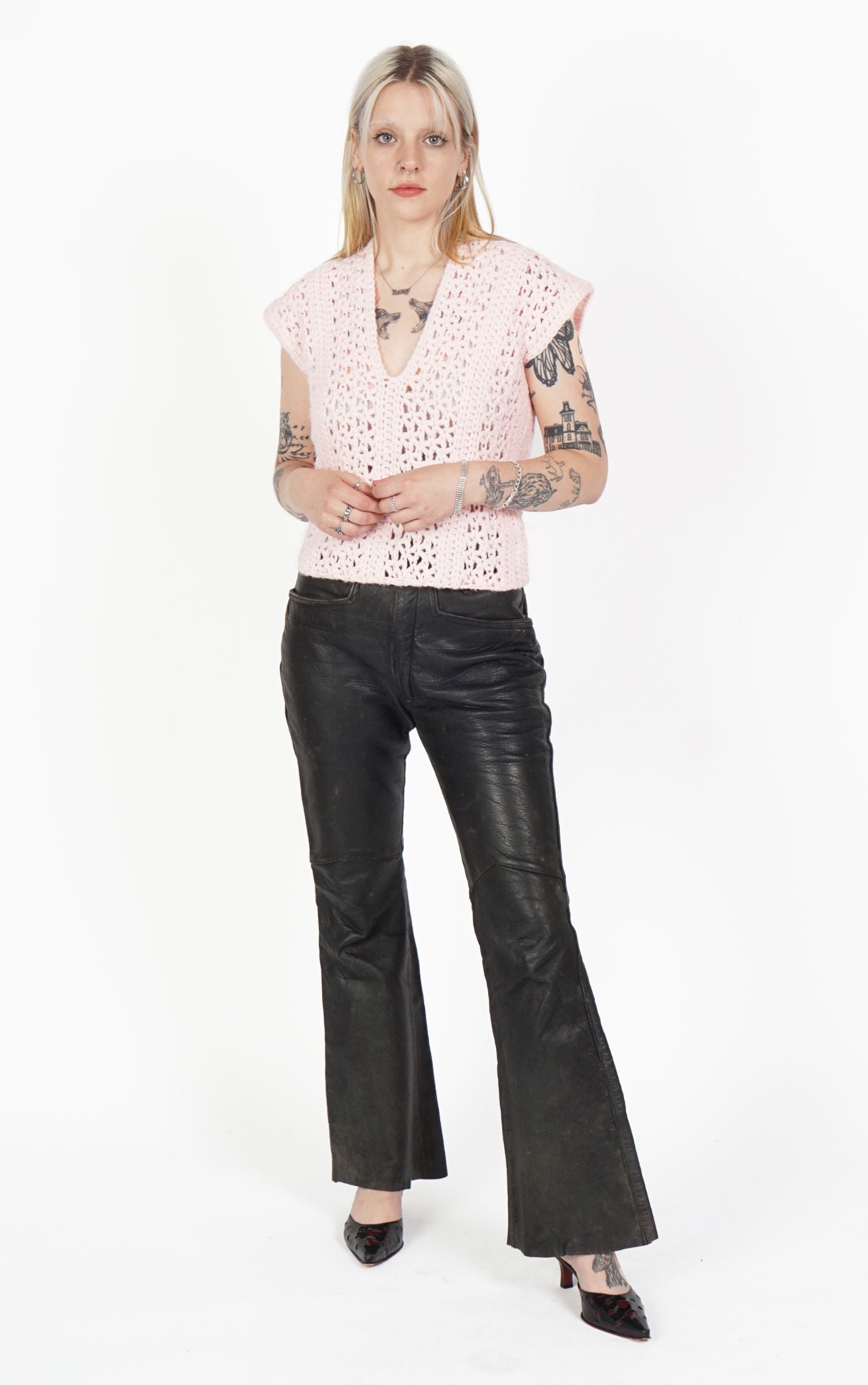 VINTAGE 80s Black Faded Leather Flared Bootcut Pants resellum