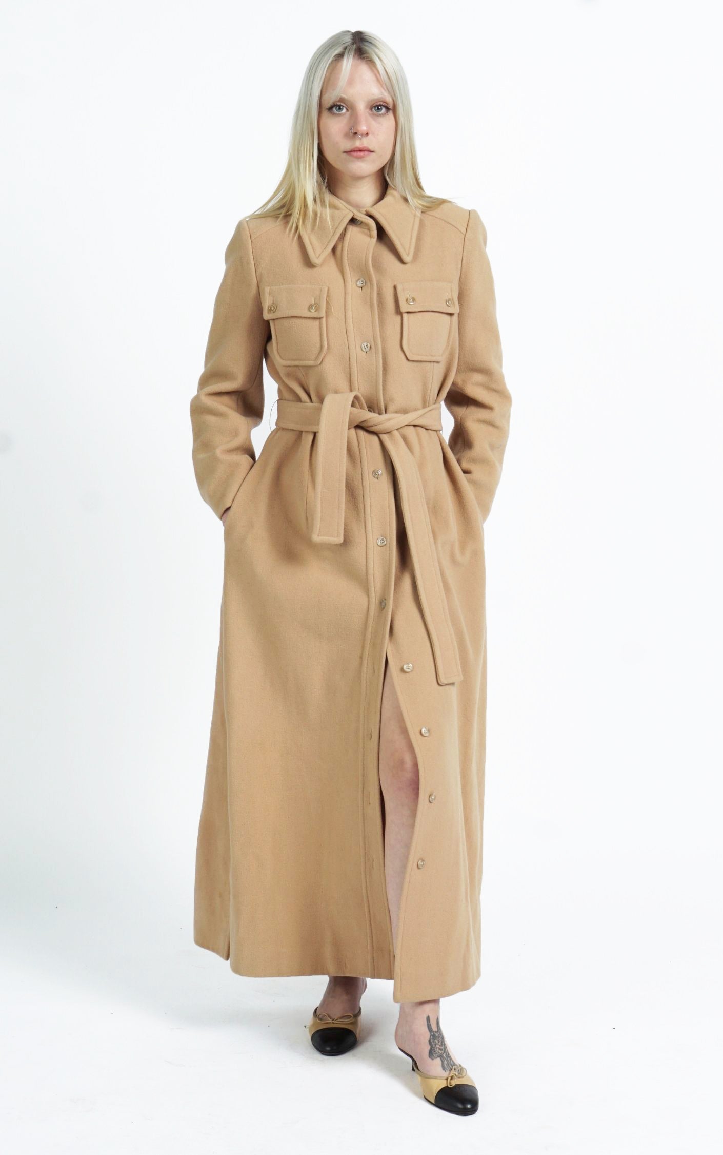 VINTAGE 80s Camel Wool Belted Classic Tailored Long Coat resellum