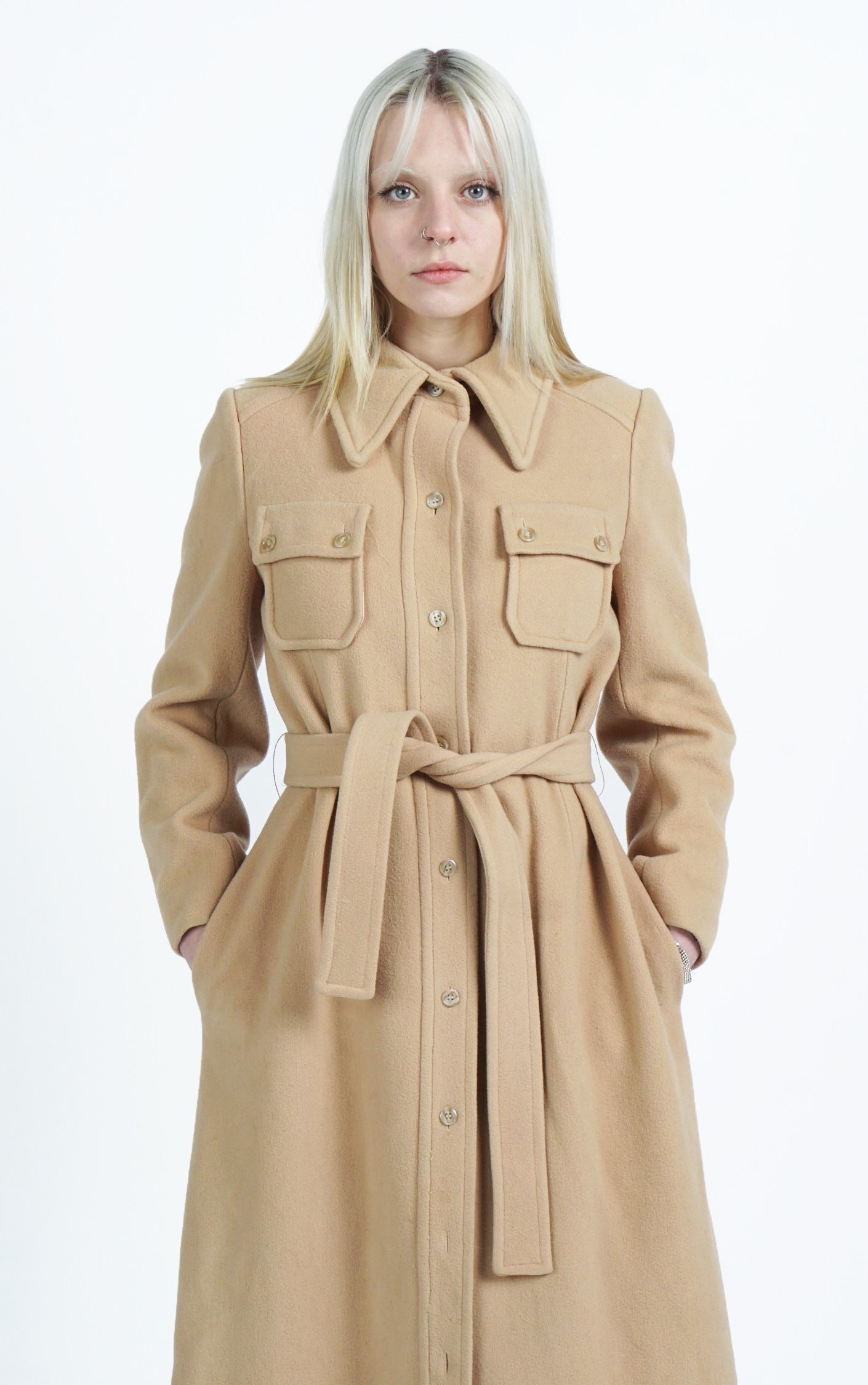 VINTAGE 80s Camel Wool Belted Classic Tailored Long Coat resellum